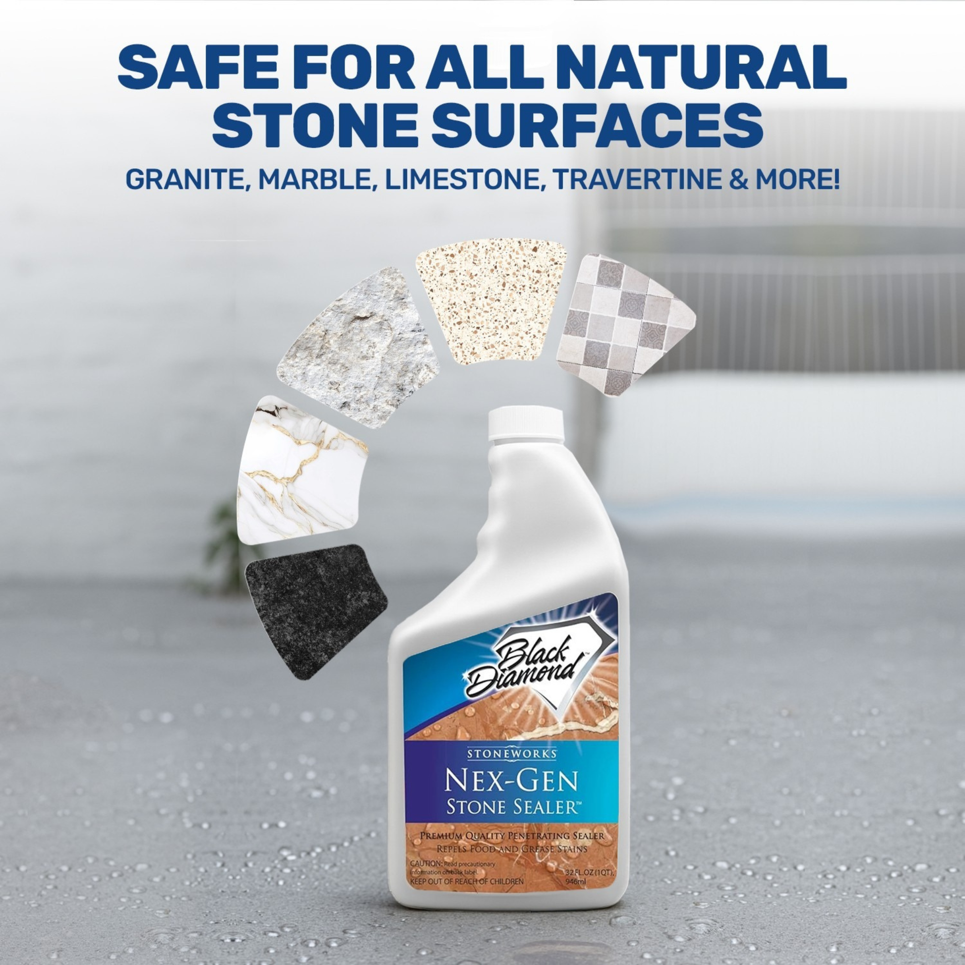 Bottle of Black Diamond Nex-Gen Stone Sealer with stone surface images on a gray background