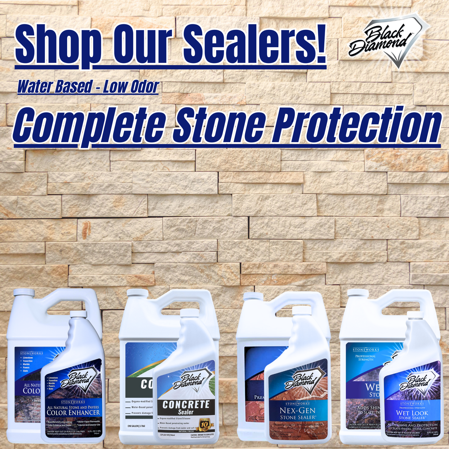 Promotional image of Black Diamond sealers with stone wall background