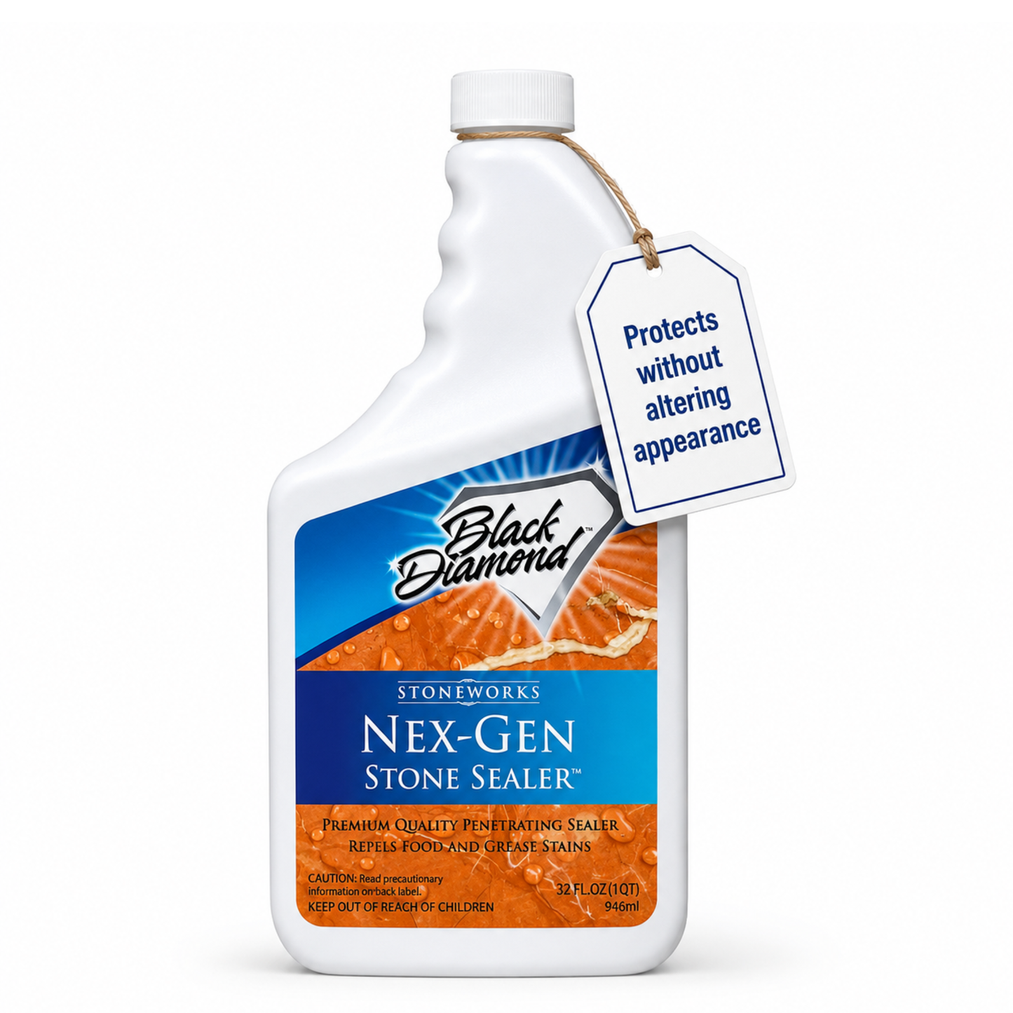 White bottle of Black Diamond Stoneworks Nex-Gen Stone Sealer with a tag on a white background