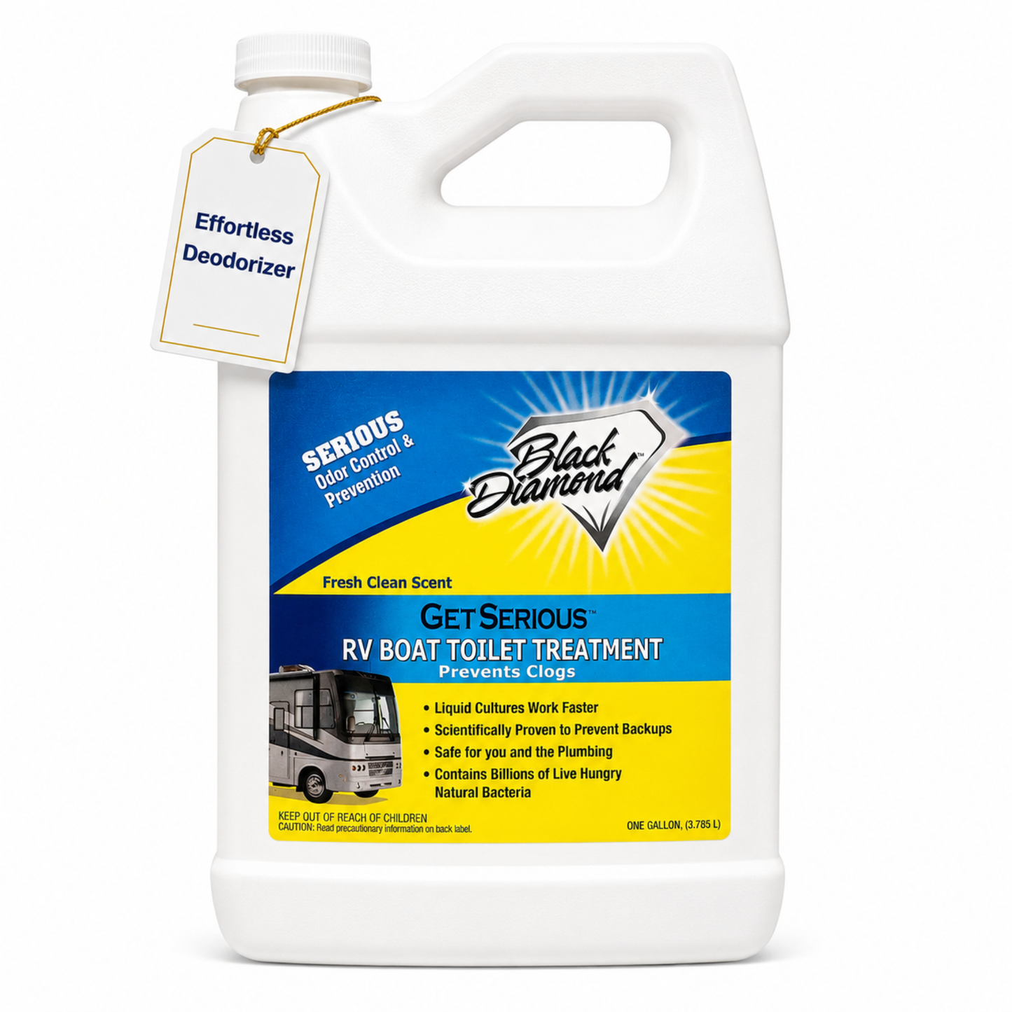 Black Diamond RV boat toilet treatment container on a white background