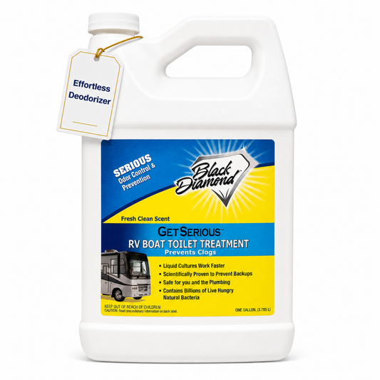 Black Diamond RV boat toilet treatment container on a white background