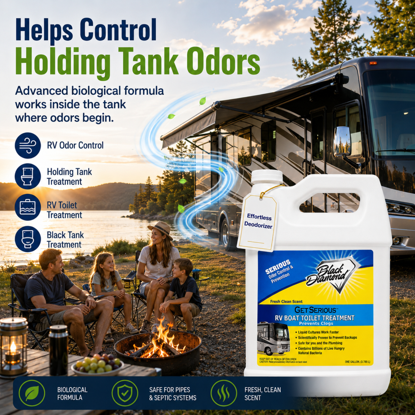 Advertisement for RV holding tank treatment with family by campfire and product packaging.