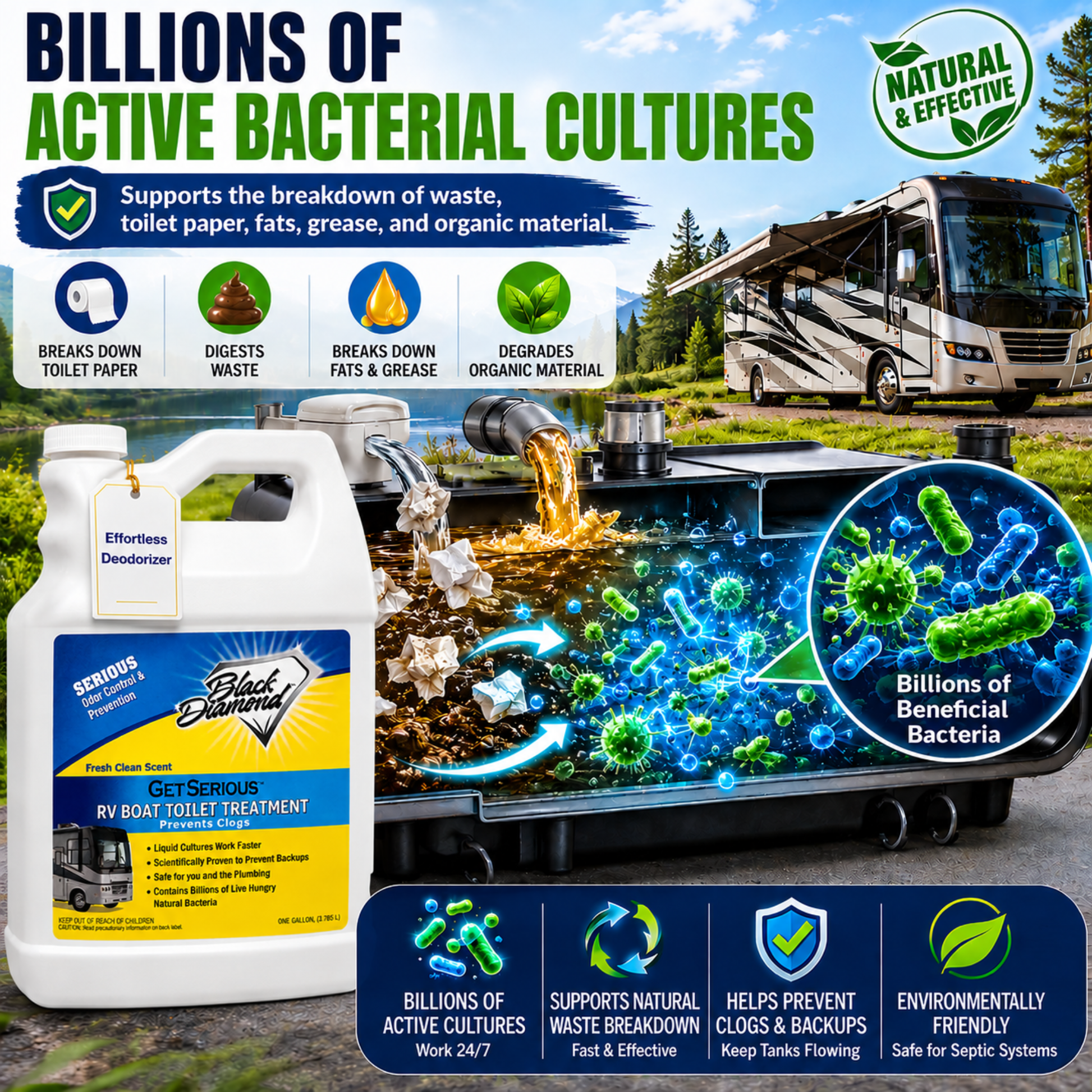 RV boat toilet treatment with Black Diamond brand, showing bacterial cultures and benefits.