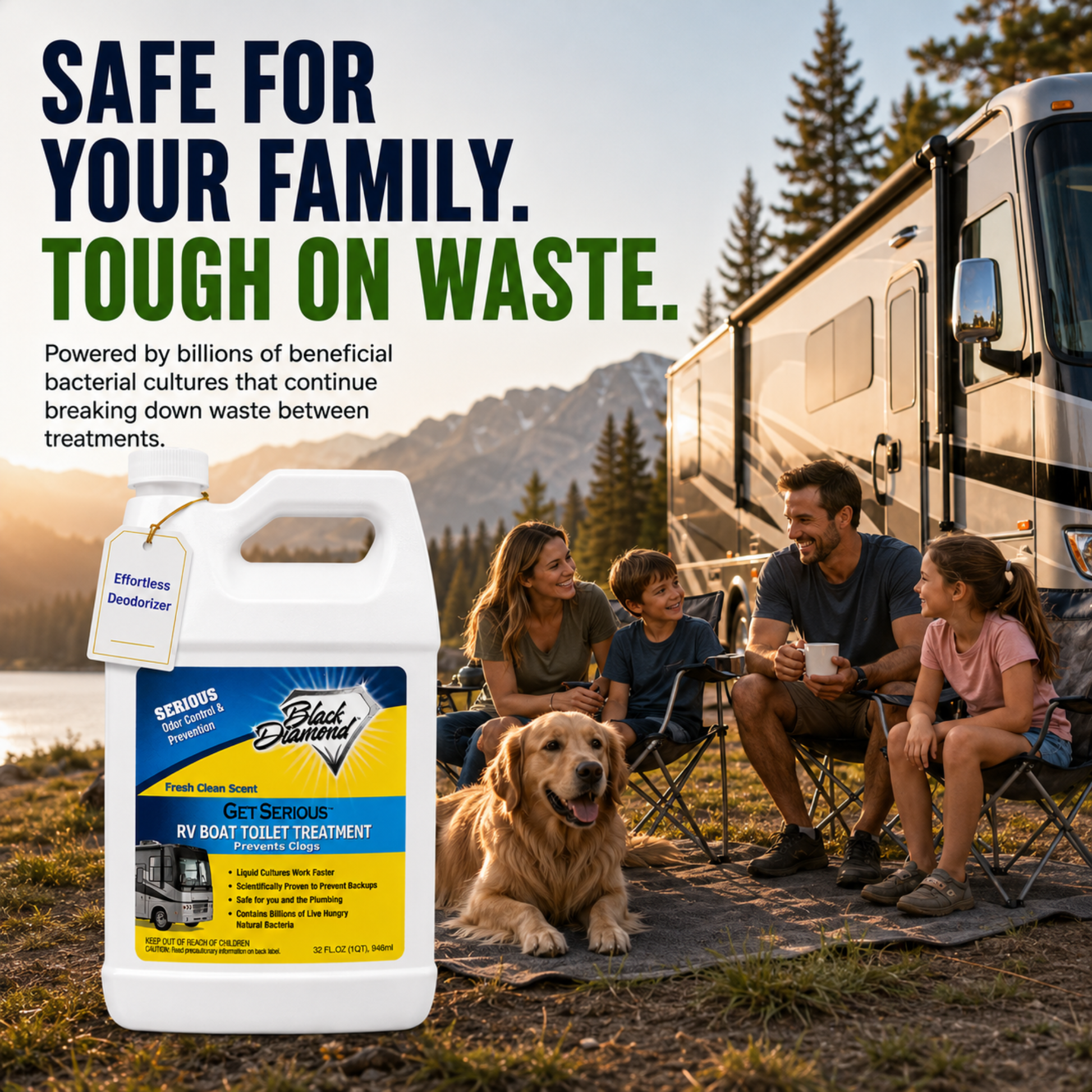 Family by an RV with a bottle of Black & Blueland RV toilet treatment, surrounded by nature.