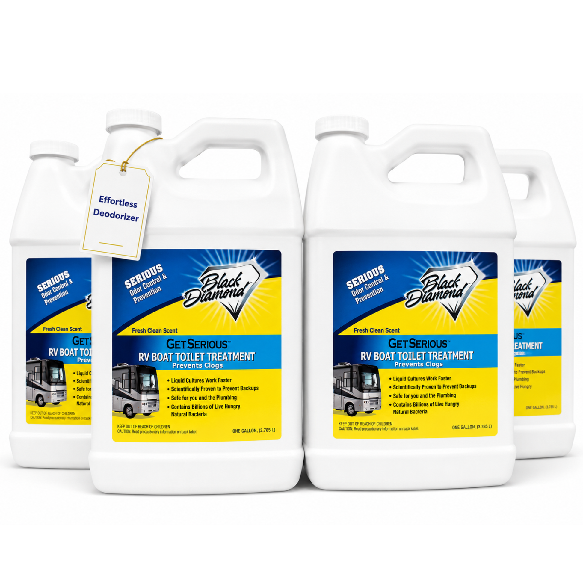 Four bottles of Black Diamond RV boat toilet treatment on a white background