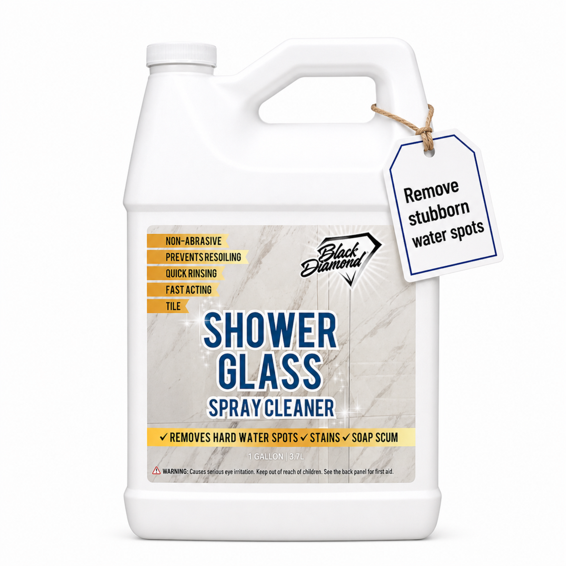 Shower glass spray cleaner bottle that removes hard water spots, stains and soap scum.