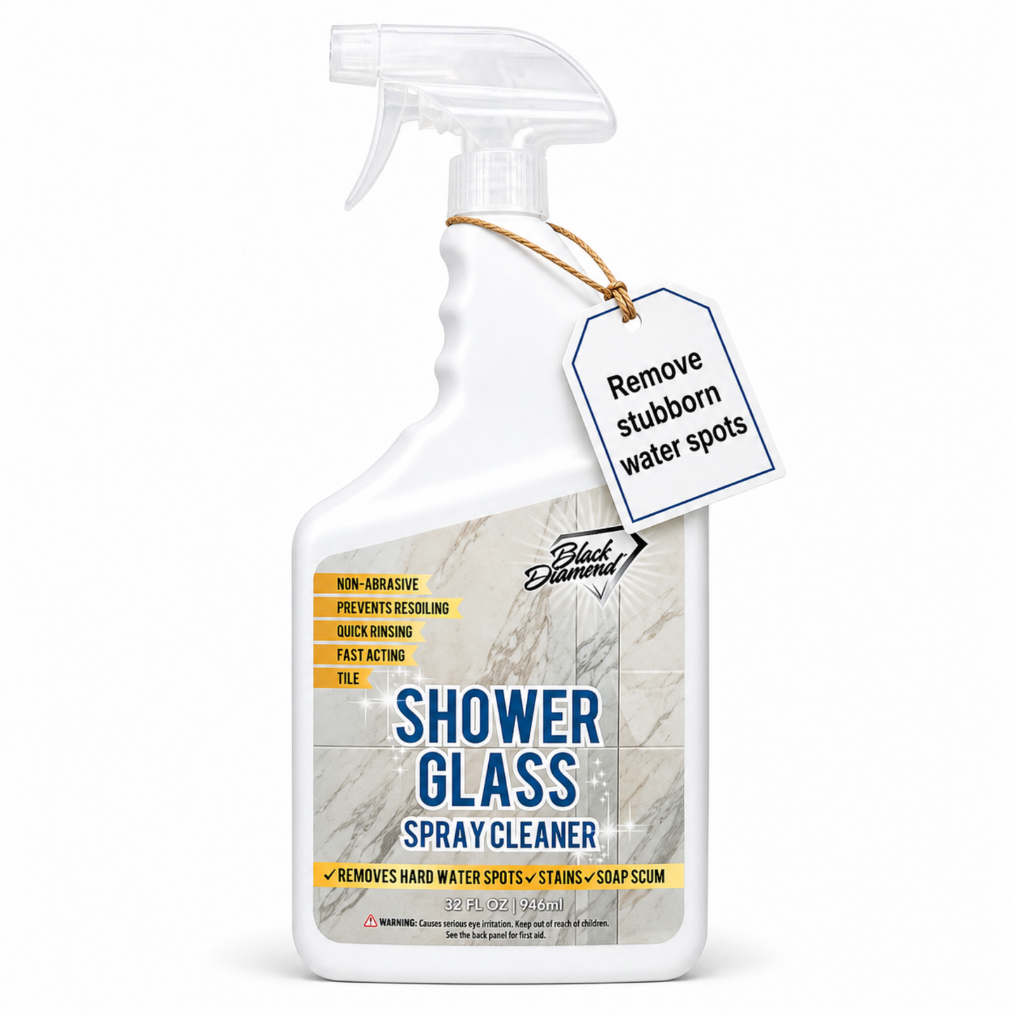 Shower glass spray cleaner bottle that removes hard water spots, stains and soap scum.