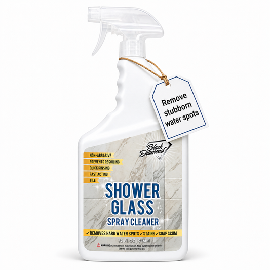Shower glass spray cleaner bottle that removes hard water spots, stains and soap scum.