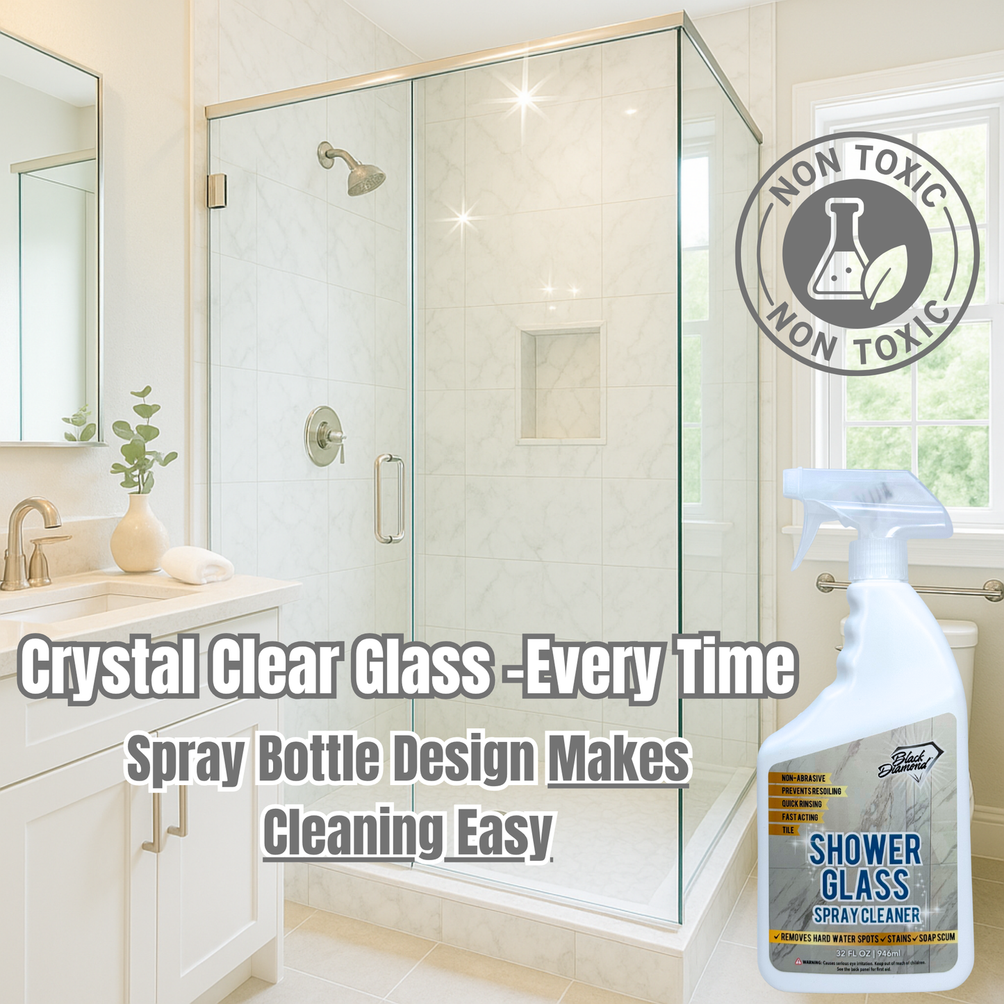 Bathroom with clear glass shower door and a bottle of shower glass cleaner labeled 'Non Toxic'.