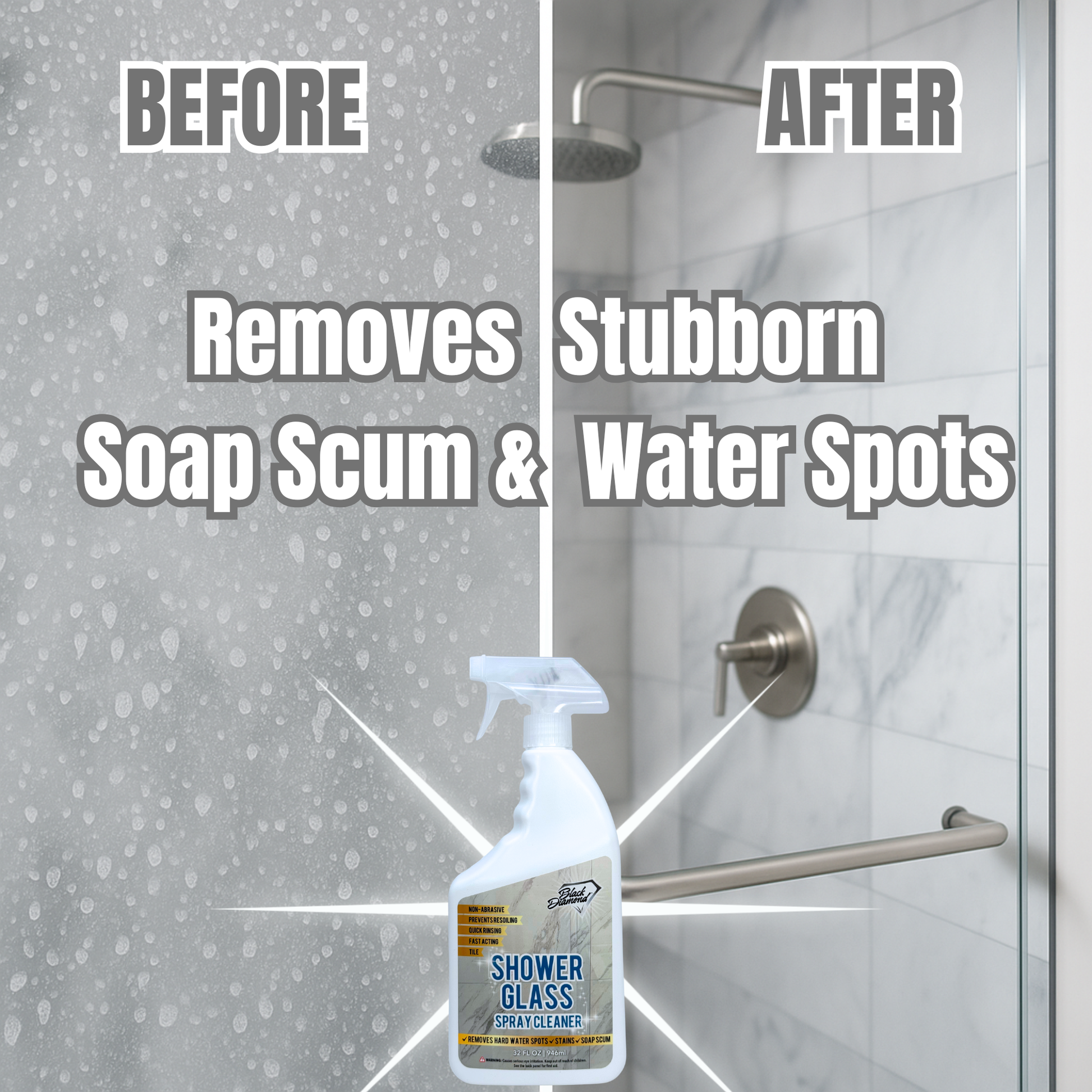 Before and after comparison of a shower glass cleaner removing soap scum and water spots.