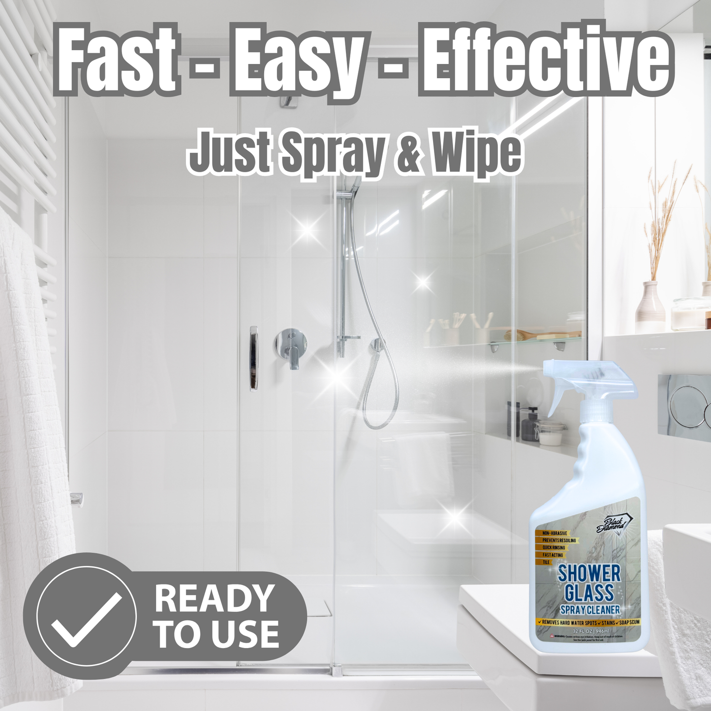 Shower glass cleaner bottle with text 'Fast - Easy - Effective' and 'Just Spray & Wipe' in a bathroom setting.