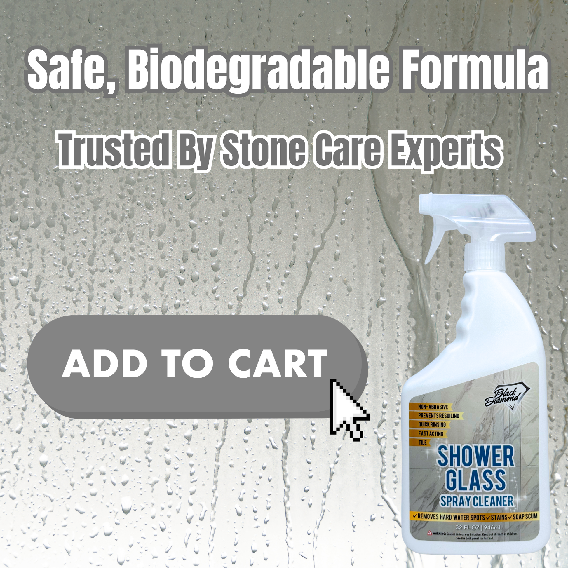 Shower glass cleaner spray bottle with text about safe, biodegradable formula on a stone surface background.