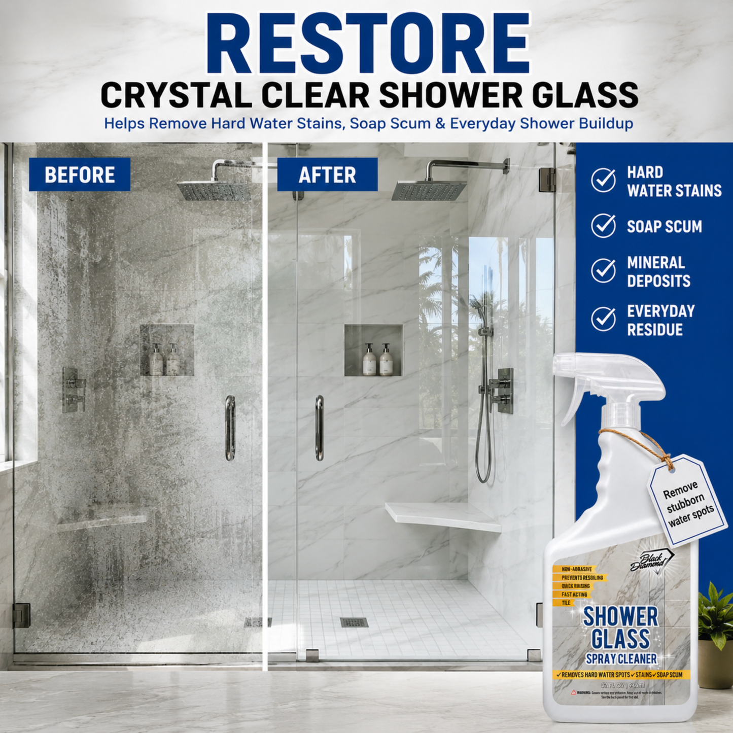 Shower glass cleaner bottle shown next to a before-and-after comparison of a shower enclosure. The image includes text highlighting the product's ability to restore crystal clear shower glass and lists benefits such as removal of hard water stains, soap scum, and mineral deposits.