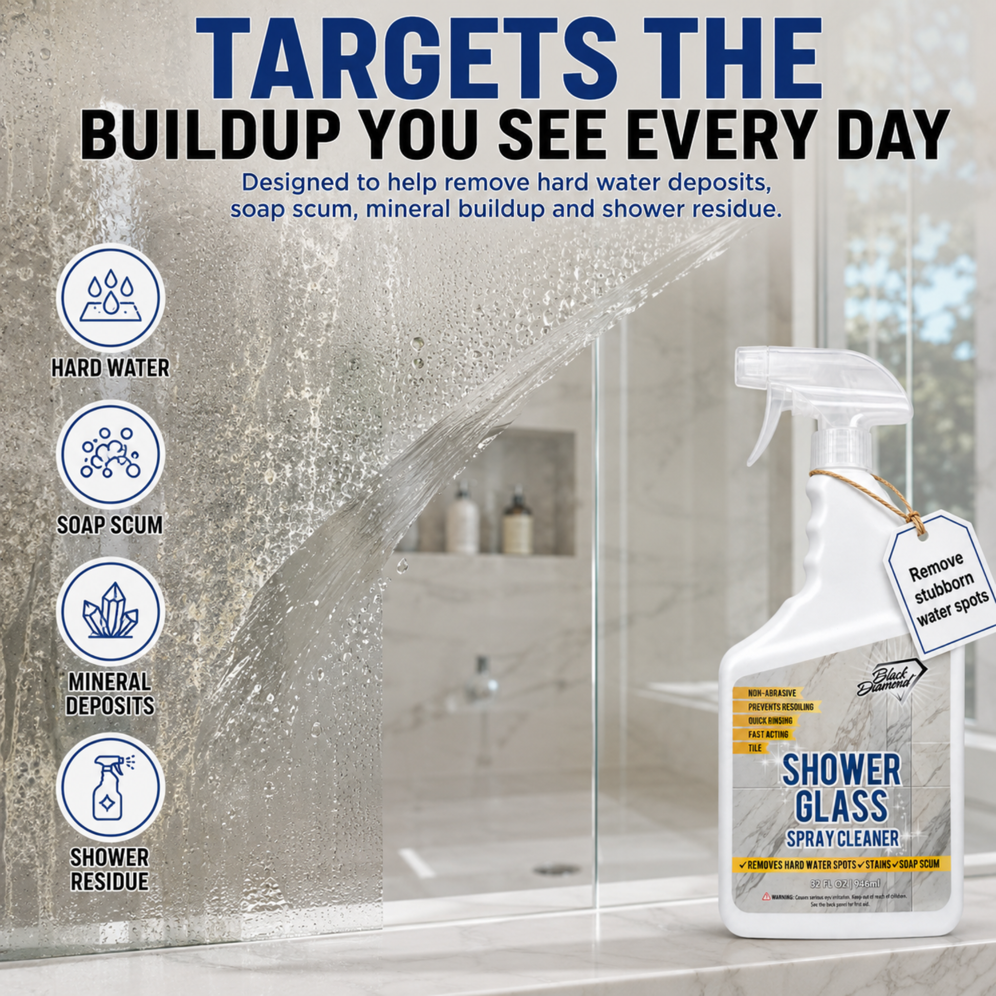 A bottle of Shower Glass Spray Cleaner stands on a bathroom counter next to a fogged shower glass door, with marketing text showing it removes icons about hard water, soap scum, mineral deposits, and shower residue.