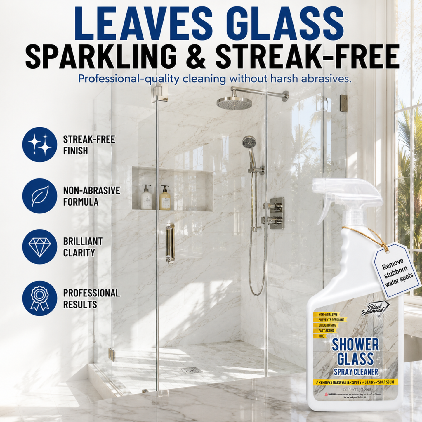 Shower glass cleaning spray bottle shown in front of a bright marble shower enclosure, with large text reading 'LEAVES GLASS SPARKLING & STREAK-FREE' and feature icons on the left.