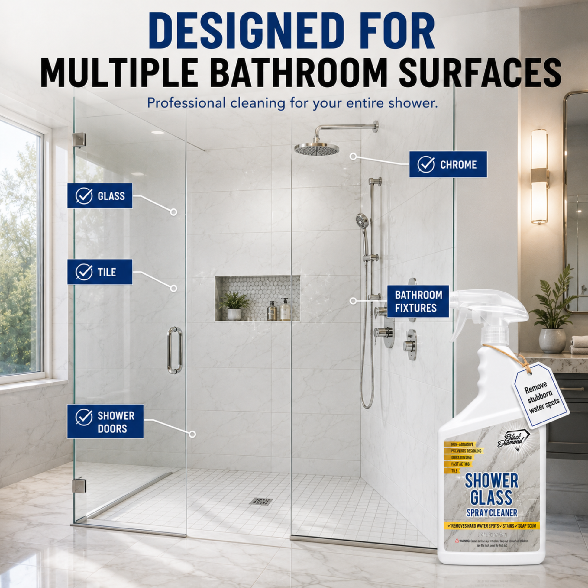 A bottle of Shower Glass spray cleaner is shown in front of a modern glass shower enclosure in a bathroom, with text overlays indicating it is designed for multiple bathroom surfaces including glass, tile, chrome, and bathroom fixtures.