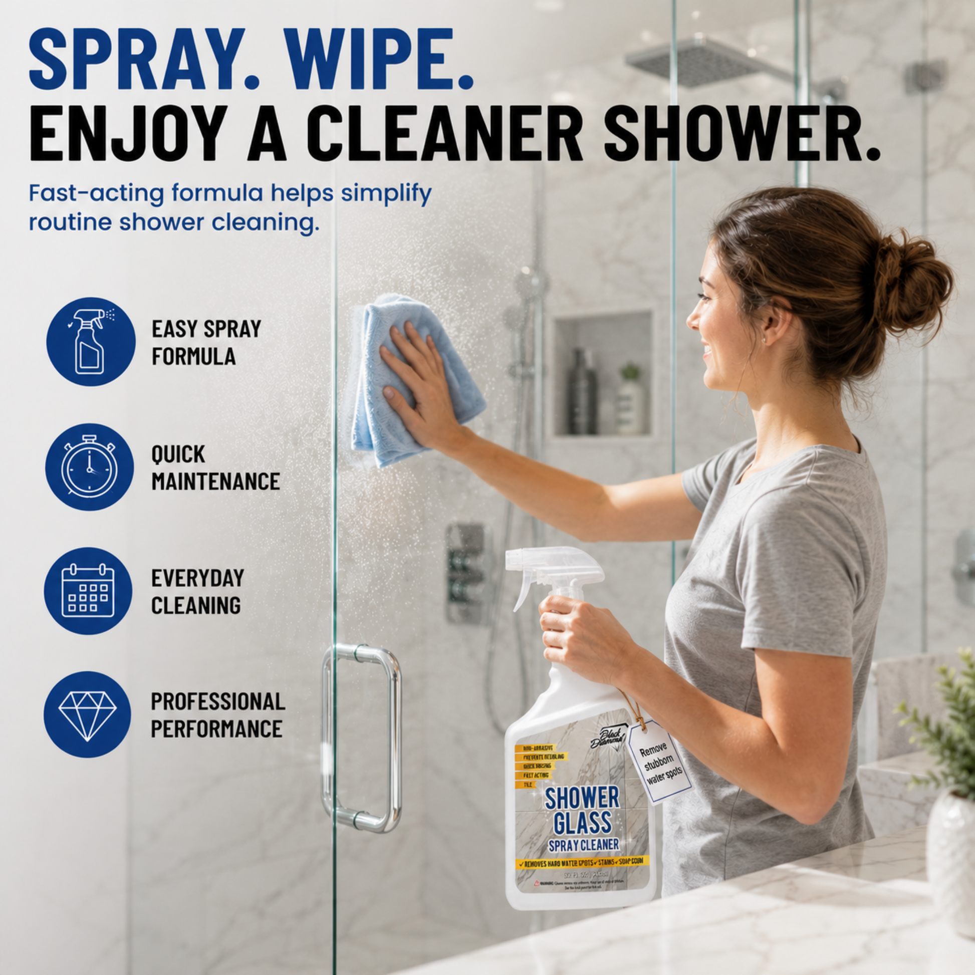 A woman in a bathroom holds a bottle of Shower Glass Spray Clean while wiping a glass shower door with a blue cloth. Text explains that its an easy spray and wipe formula for quick and easy maintenance for everyday cleaning. 