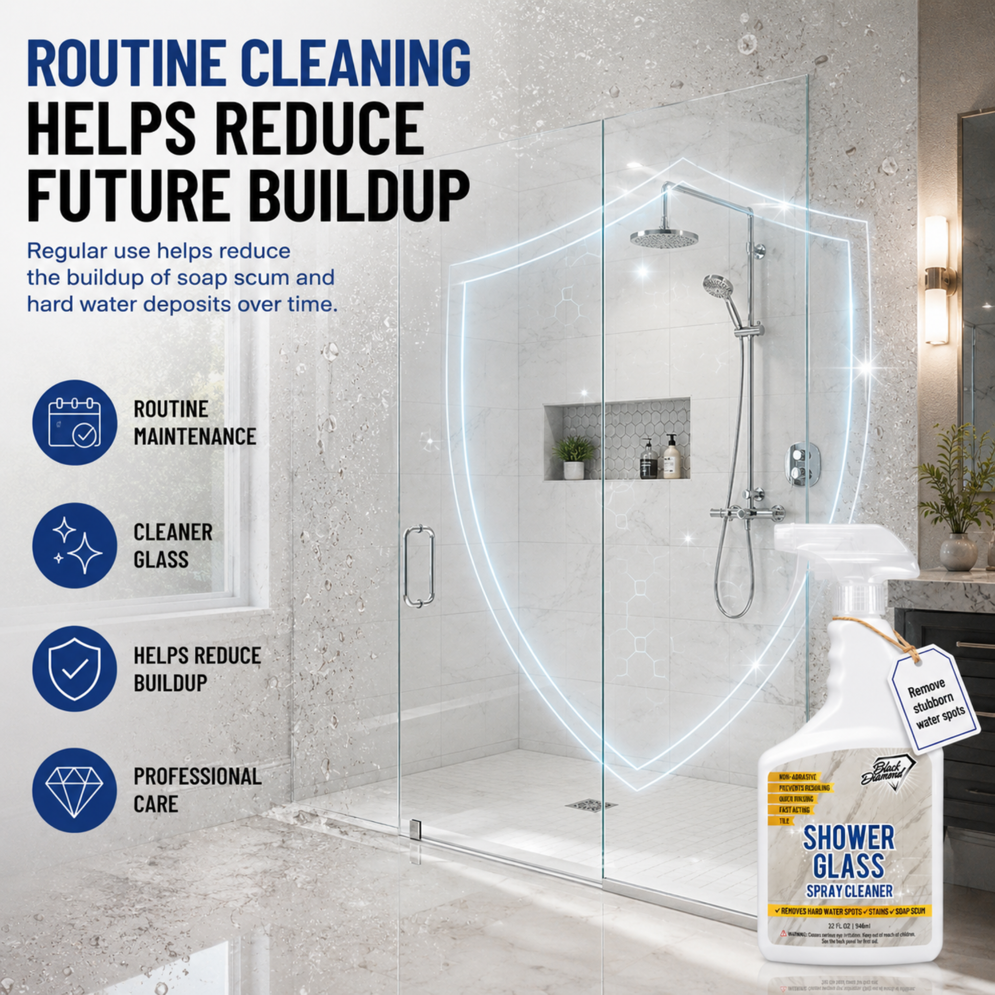 A bottle of Shower Glass Spray Cleaner is shown in the foreground next to a modern glass shower door in a bathroom. The image includes marketing text on the left explaining benefits of routine cleaning with shower glass spray cleaner including helping reduce buildup of soap scum and hard water deposits. 