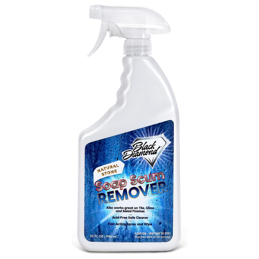 A 32 fl oz spray bottle of Black Diamond Natural Stone Soap Scum Remover, featuring a white plastic bottle and trigger sprayer with a blue and white label.