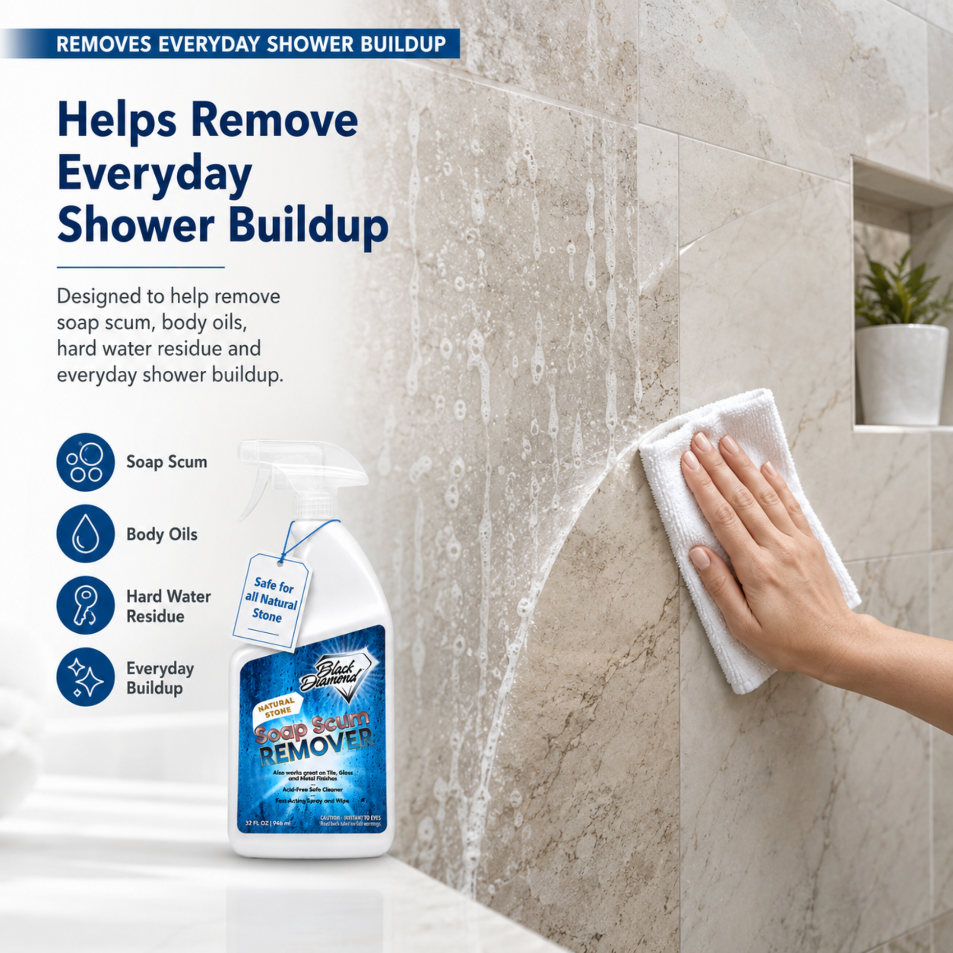 A bottle of Soap Scum remover is shown next to a hand wiping a tiled bathroom wall with water running down. Text on the left lists benefits like removing soap scum, body oils, hard water residue, and everyday buildup.