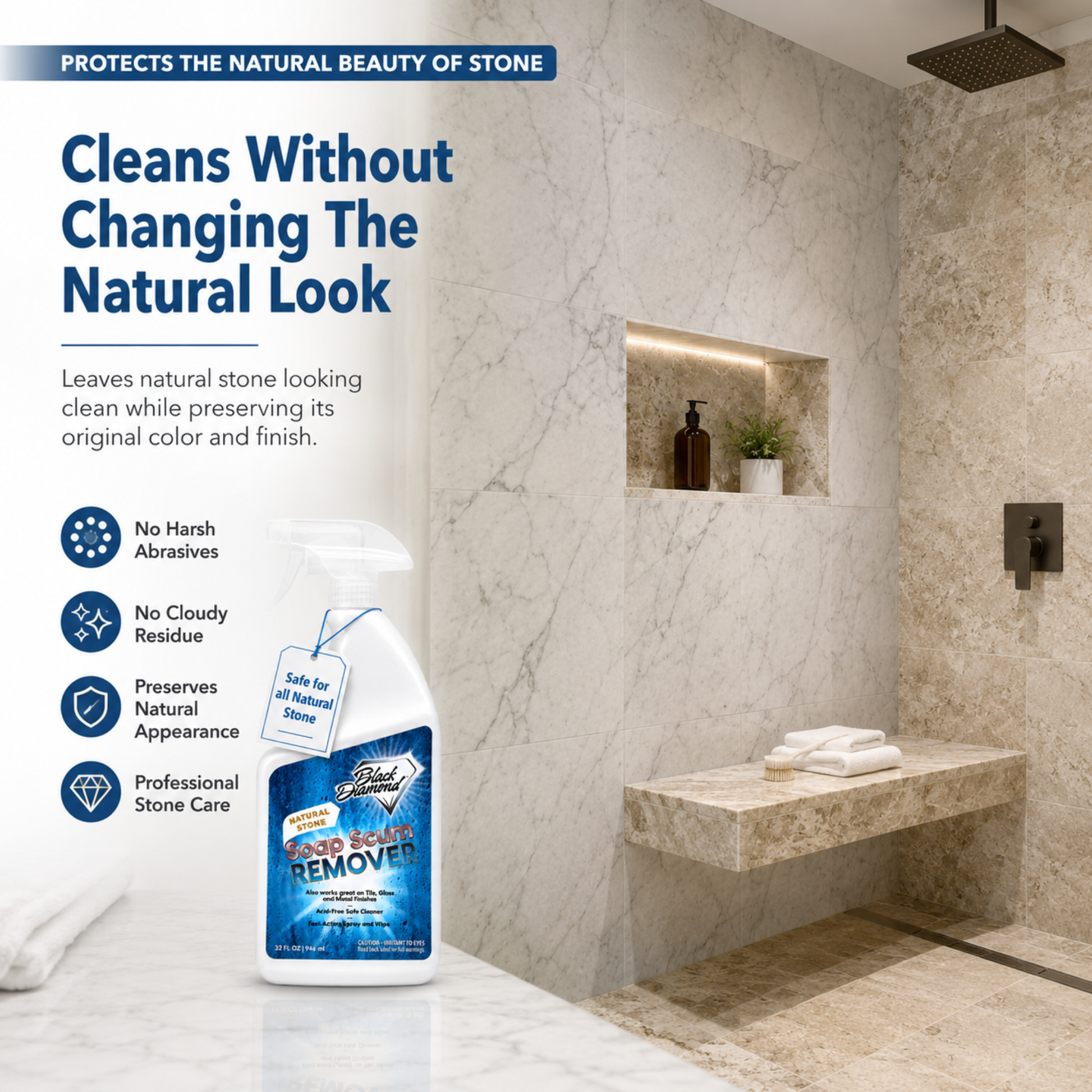 A bottle of Soap Scum Remover is shown in front of a marble-look tiled bathroom wall, with marketing text on the left and product benefits listed below.