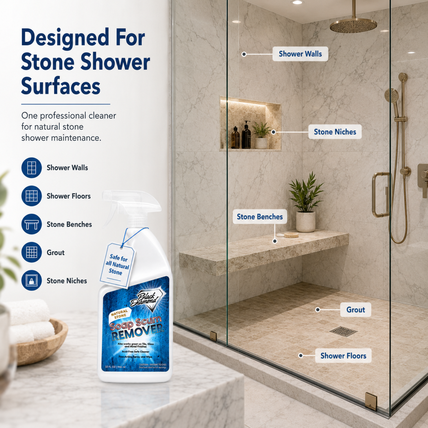 A bottle of stone shower surface cleaner is shown in front of a labeled bathroom shower enclosure with callouts pointing to shower walls, stone niches, stone benches, grout, and shower floors. Text on the left reads 'Designed For Stone Shower Surfaces' and describes the cleaner's use for natural stone maintenance.