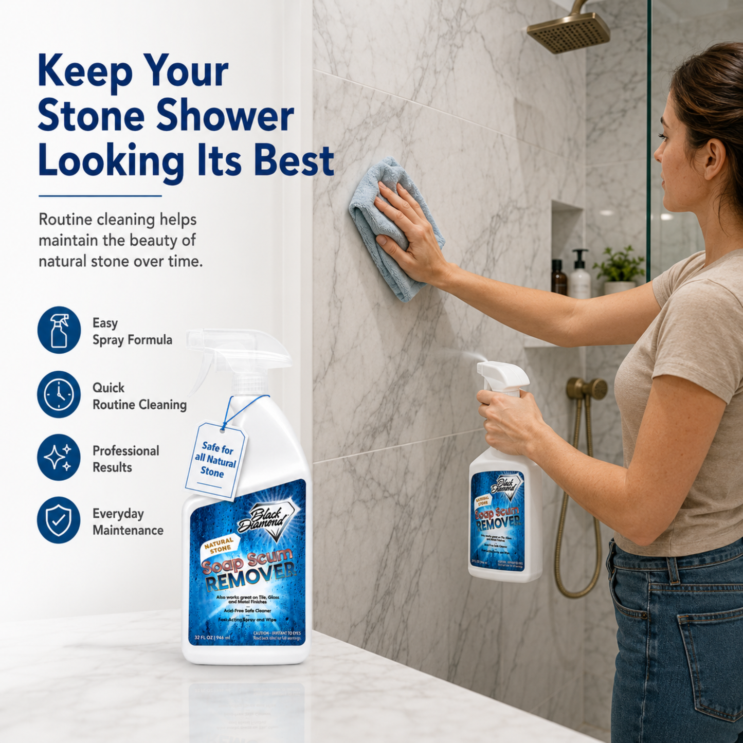 A woman in a bathroom holds a blue cloth while cleaning a marble shower wall, with a bottle of stone cleaner shown prominently in the foreground and marketing text on the left.