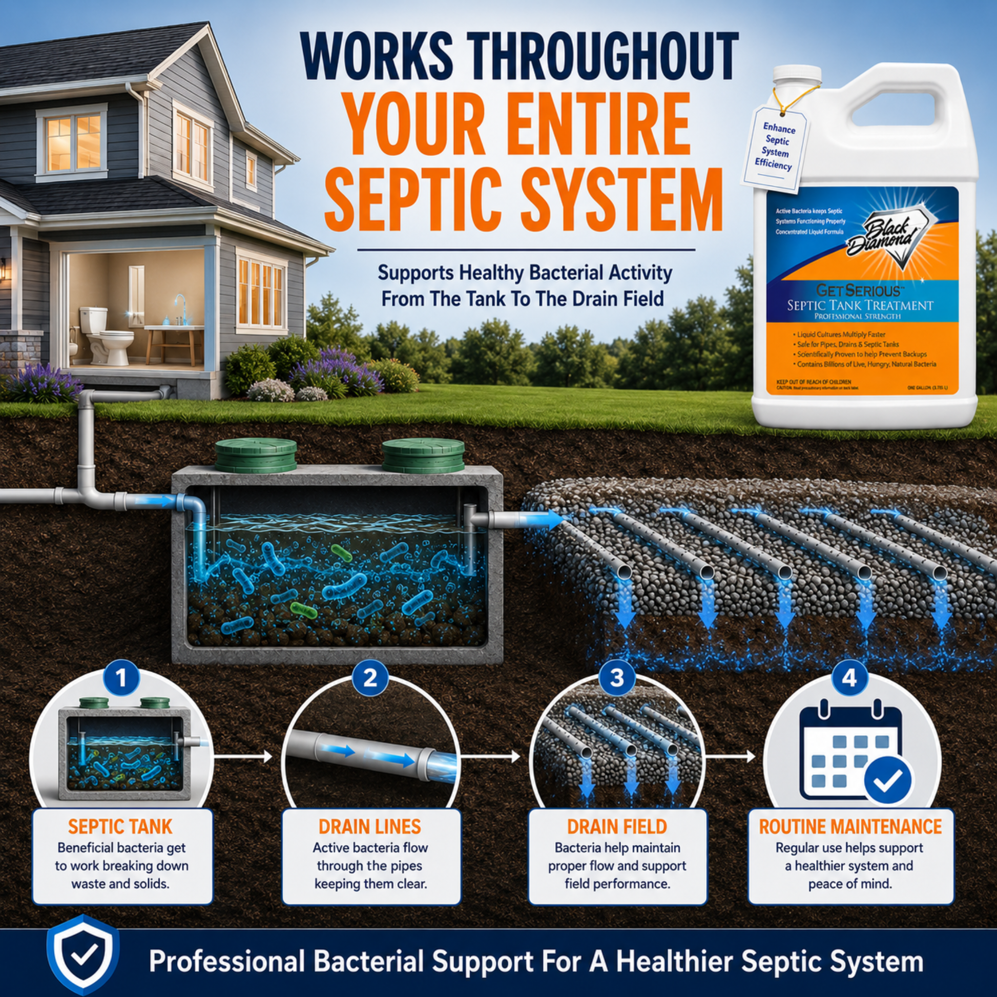 Showing how septic tank treatment helps and works throughout your entire septic system. 