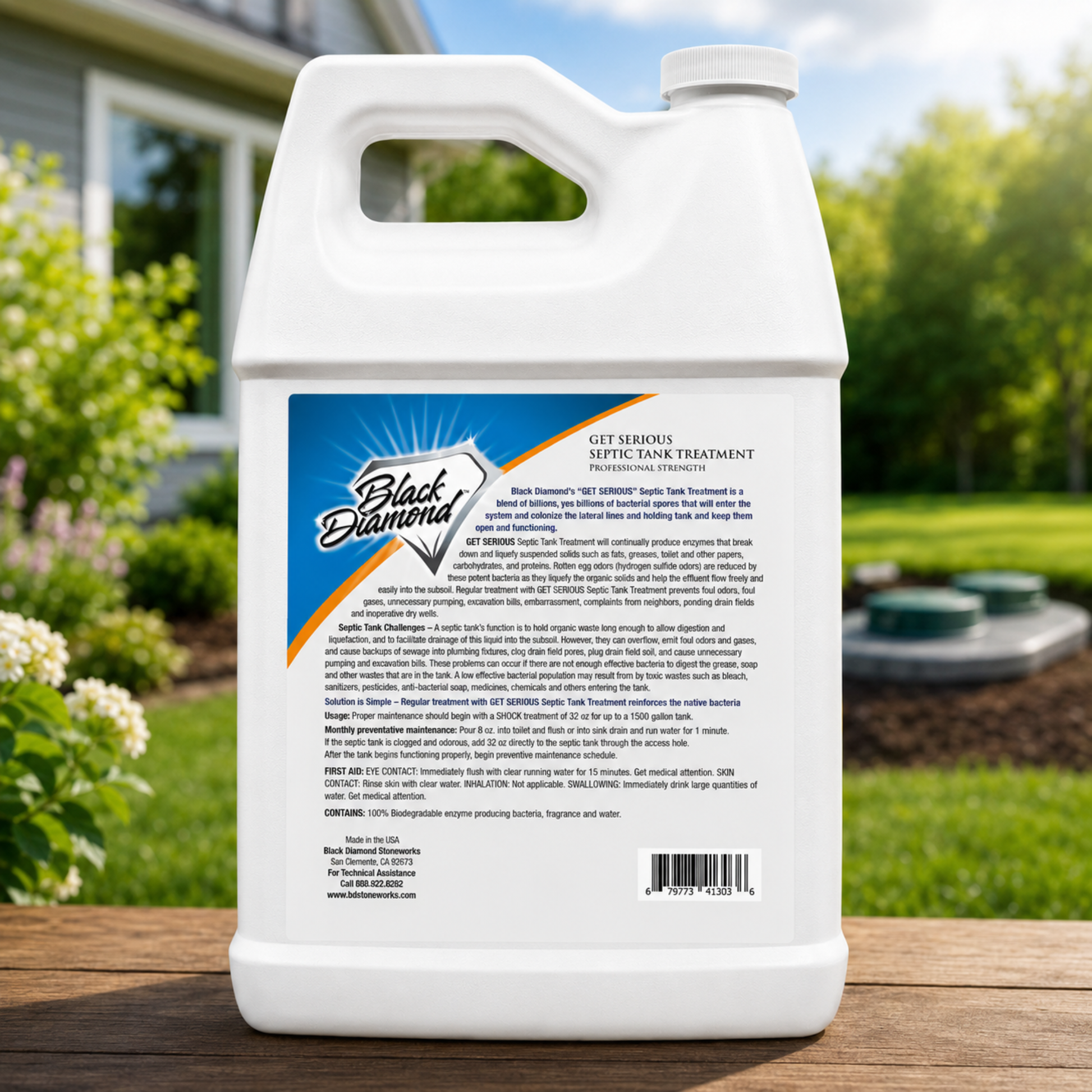 Back label ingredients and instructions for septic tank treatment. 