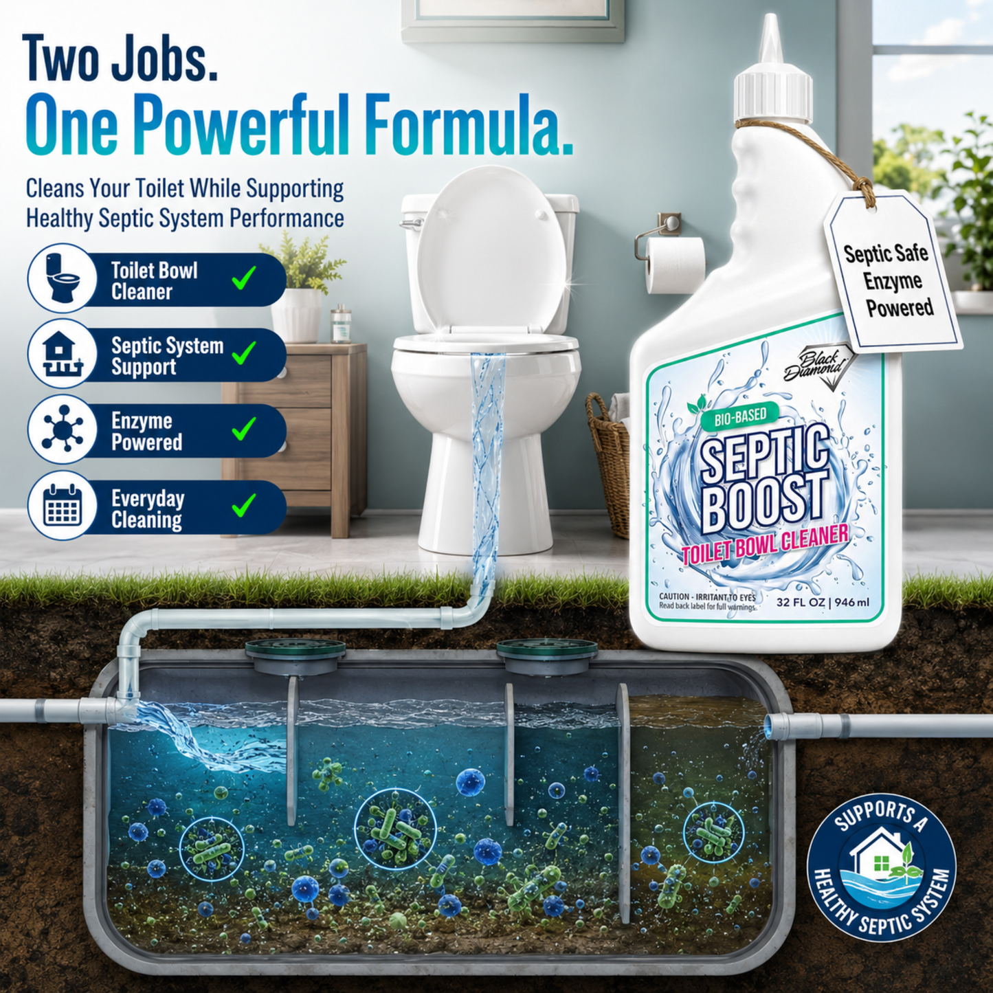 Septic boost cleans your toilet and supports your septic system while also helping with odors.