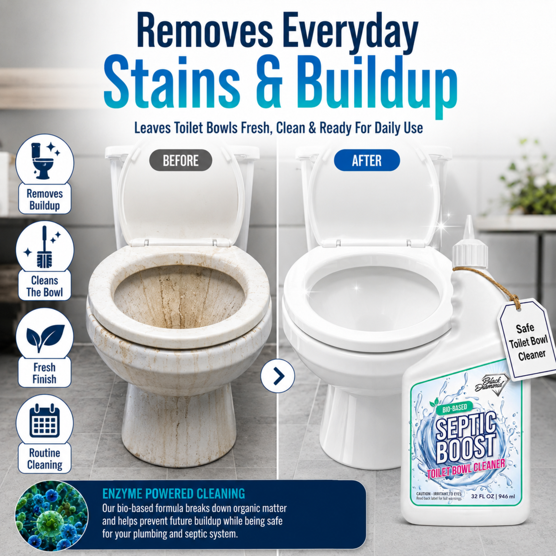 Septic boost removing stains and buildup from septic boost