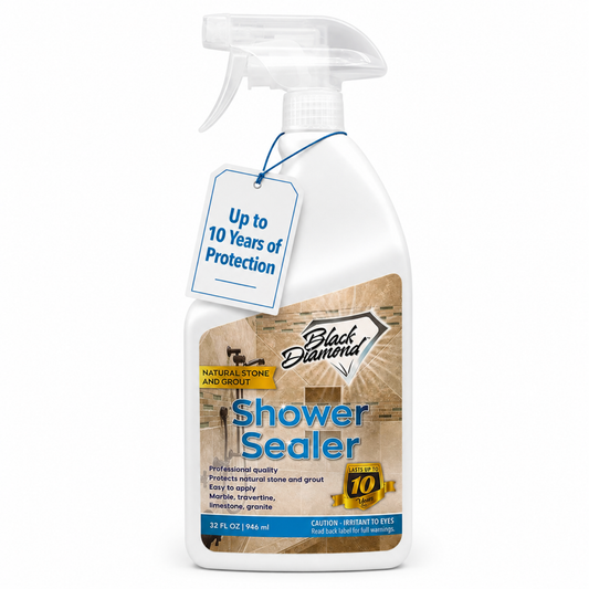 A 32 fl oz bottle of Black Diamond Shower Sealer with a trigger spray top and a hanging tag that reads 'Up to 10 Years of Protection.' The bottle is white with a tan and blue label, and the product is shown on a clean white background.