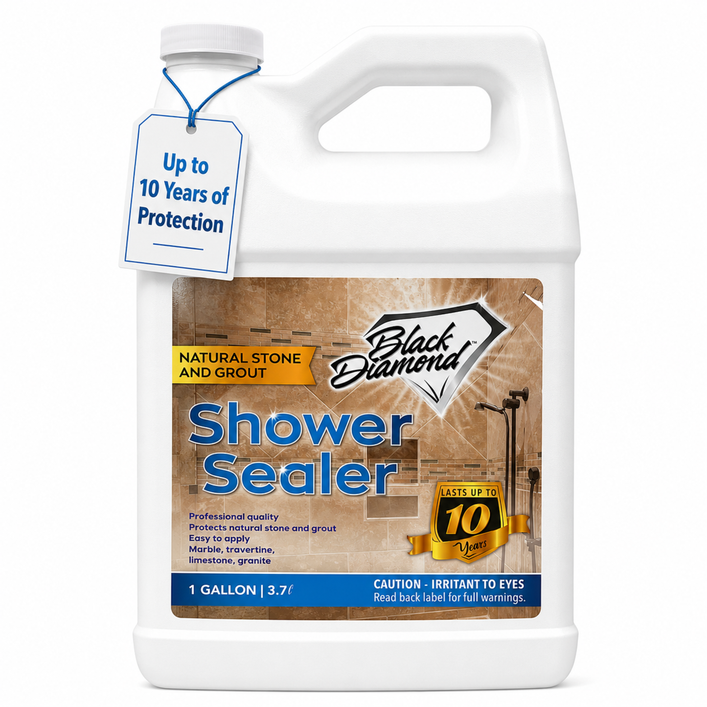 A 1 gallon white plastic bottle of Black Diamond Shower Sealer, featuring a blue and brown label with a hanging tag that reads 'Up to 10 Years of Protection'.