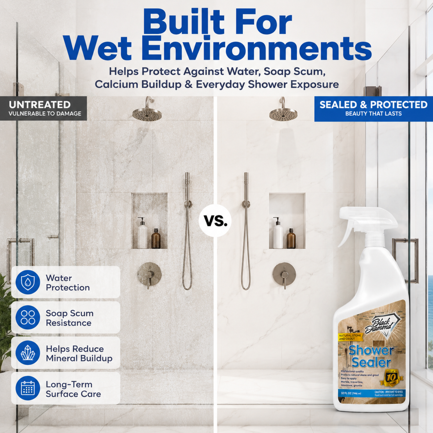 A promotional graphic for a shower seal spray bottle, showing a split-screen comparison of a wet shower environment with and without protection. The left side is labeled 'UNTREATED' and shows water marks, while the right side is labeled 'SEALED' and appears dry and protected.