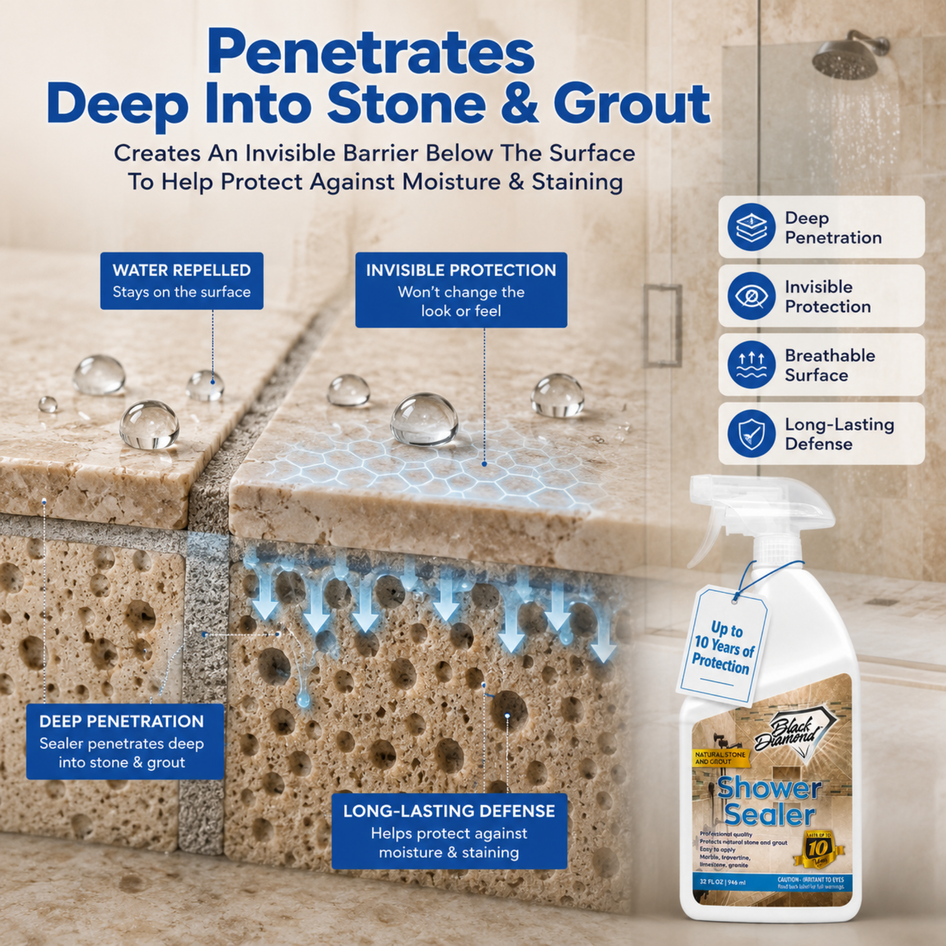 A bottle of Shower Sealer is shown in the foreground of a bathroom tile scene with large marketing text and callout labels explaining deep penetration, water repellency, invisible protection, breathable surface, and long-lasting defense.