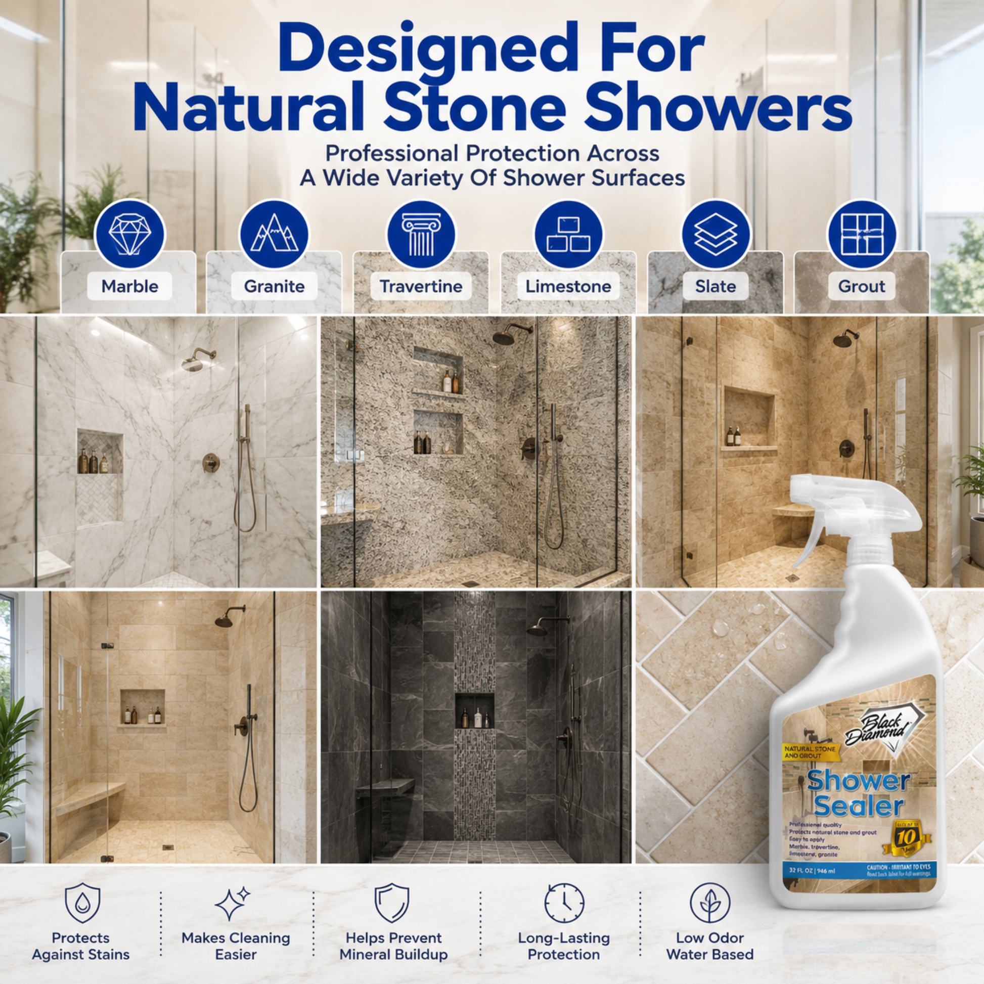 A promotional collage for a shower sealant bottle. The image features the text 'Designed For Natural Stone Showers' at the top, a grid of before-and-after shower tile and stone photos demonstrating protection, feature icons for supported stone types, and a white spray bottle labeled 'Shower Sealer' in the bottom right corner.