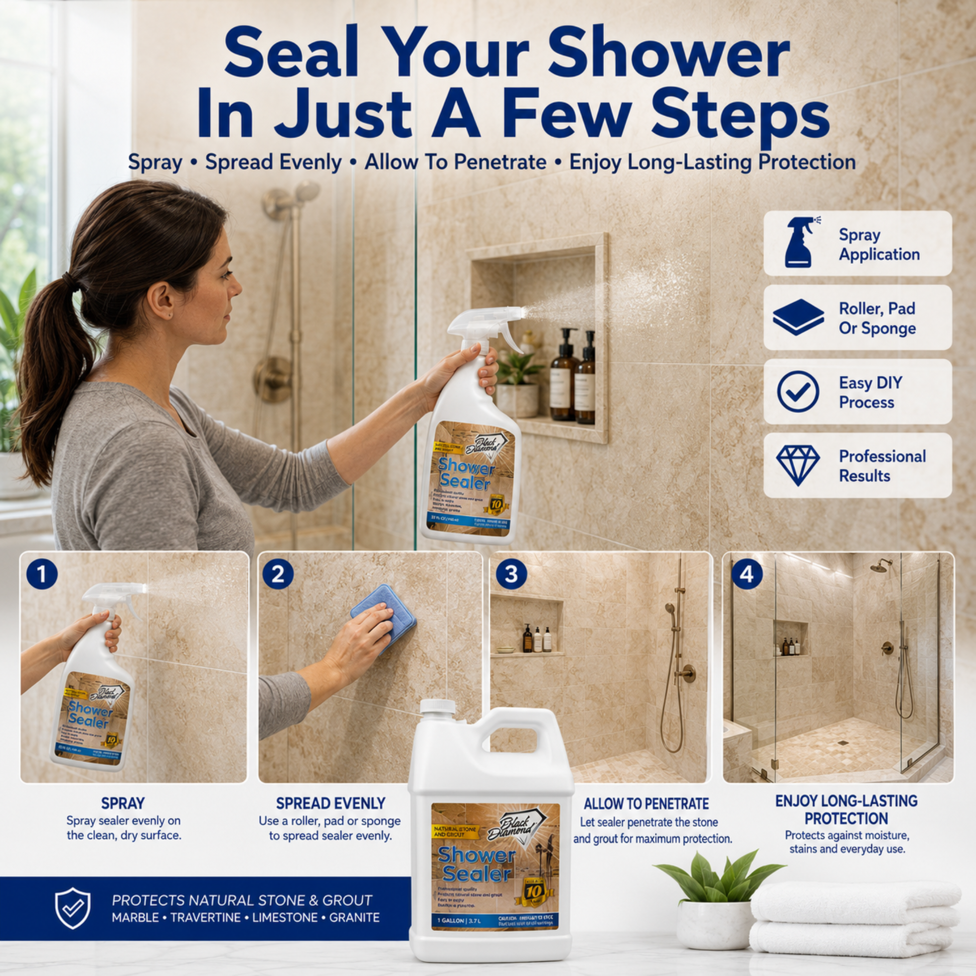 Promotional graphic for a shower seal application showing a woman spraying a bottle in a bathroom, large text reading 'Seal Your Shower In Just A Few Steps,' feature callouts on the right, and a four-step usage diagram at the bottom with the product bottle centered.