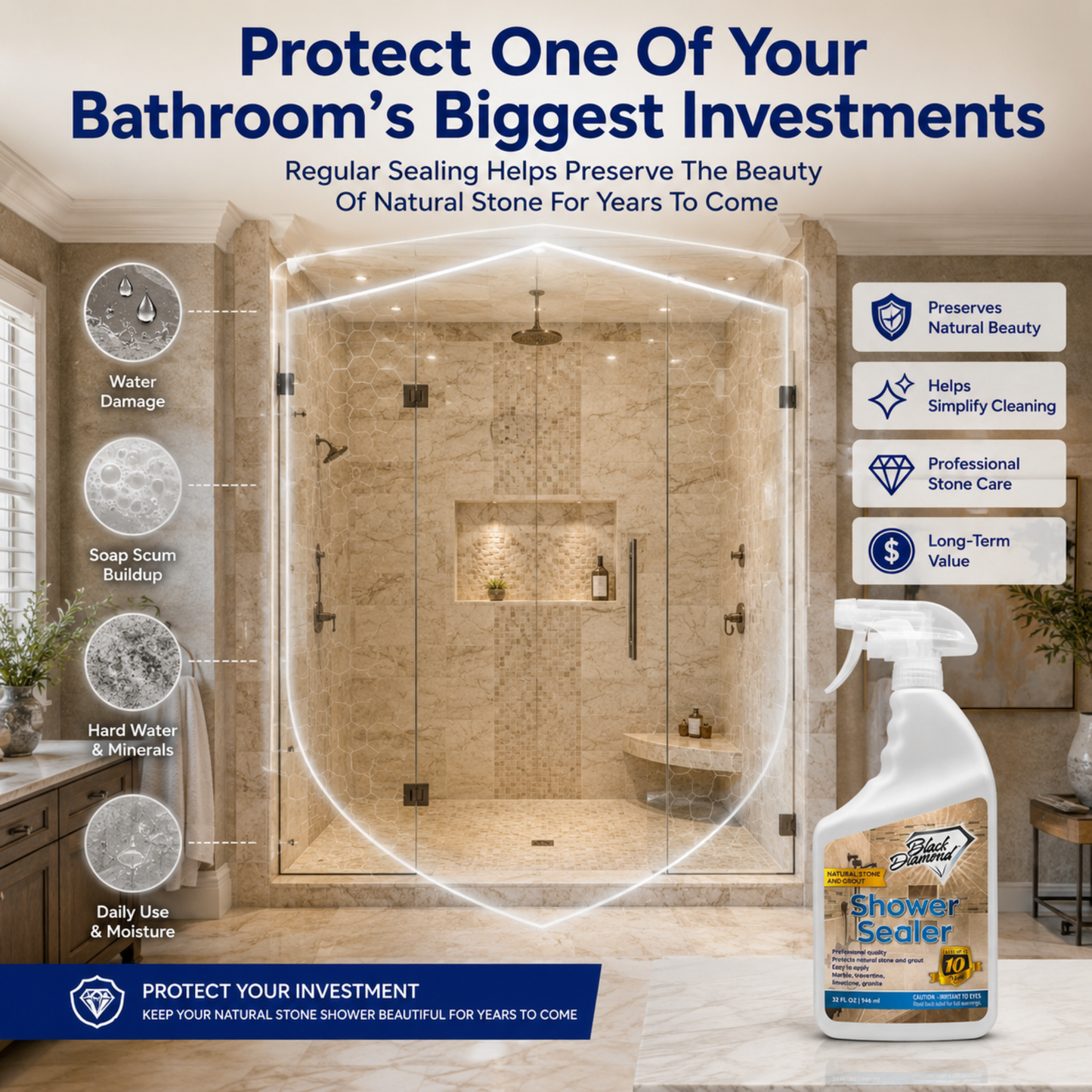 A promotional graphic for a bathroom stone sealer, featuring a large shower enclosure in a beige bathroom, a bottle of shower sealer in the lower right, and text callouts about protecting the bathroom investments against water damage, soap scum buildup, hard water mineral deposits, and daily use and moisture.