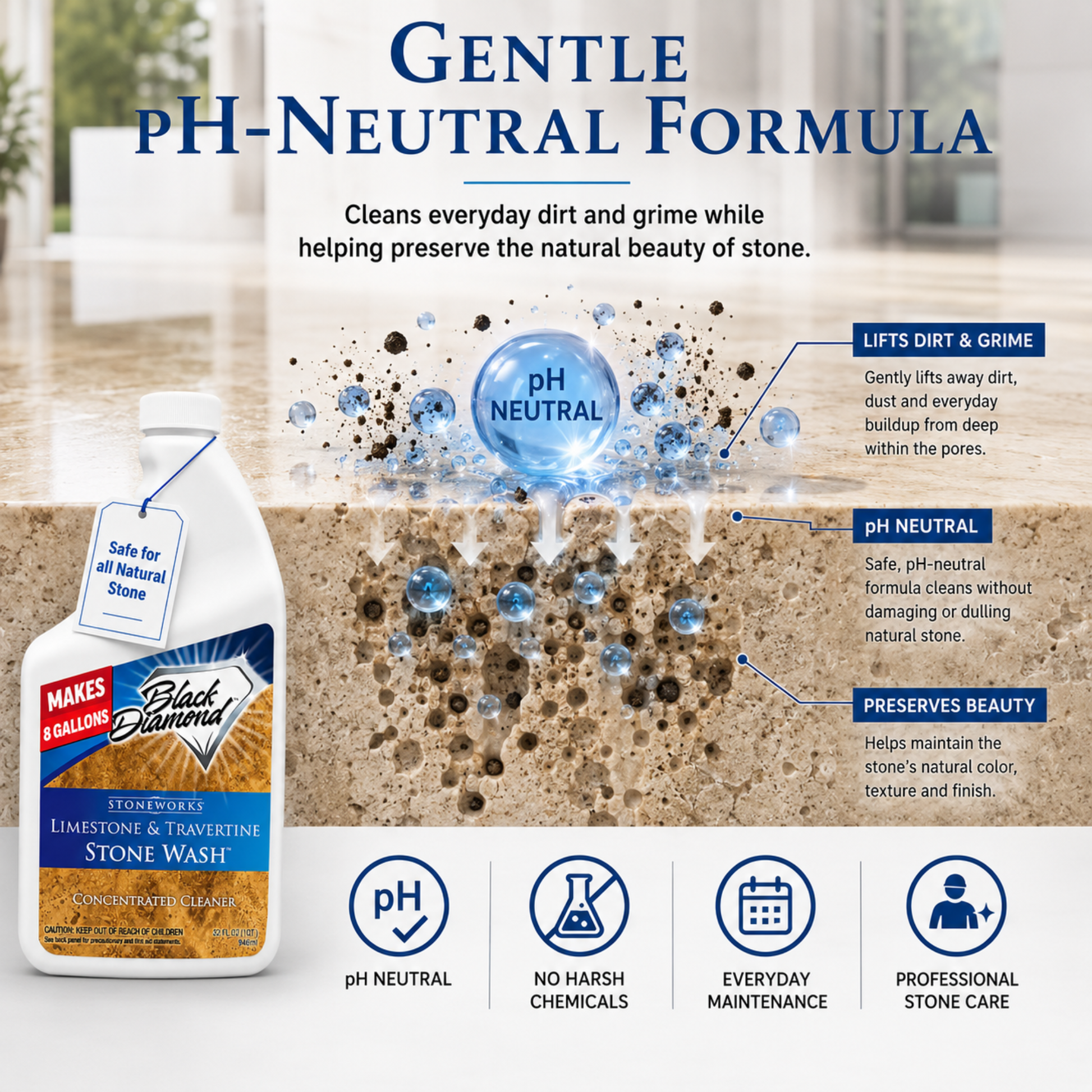 Limestone and Travertine Stonewash is a pH-neutral formula that cleans dirt from all natural stone types while preserving beauty and gently lifting away dirt and grime. 