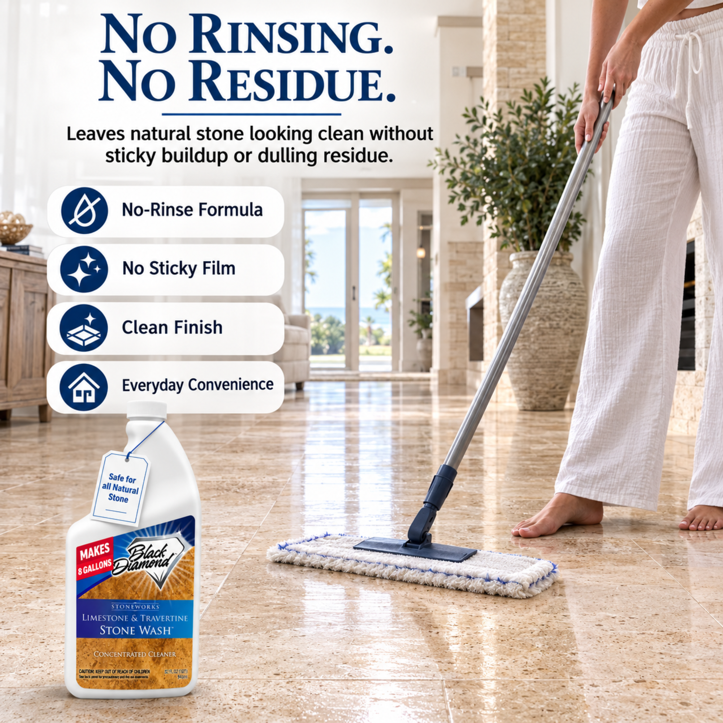 Limestone and Travertine Stonewash is a concentrated cleaner that leaves no residue and requires no soaking for everyday easy cleaning maintenance. 