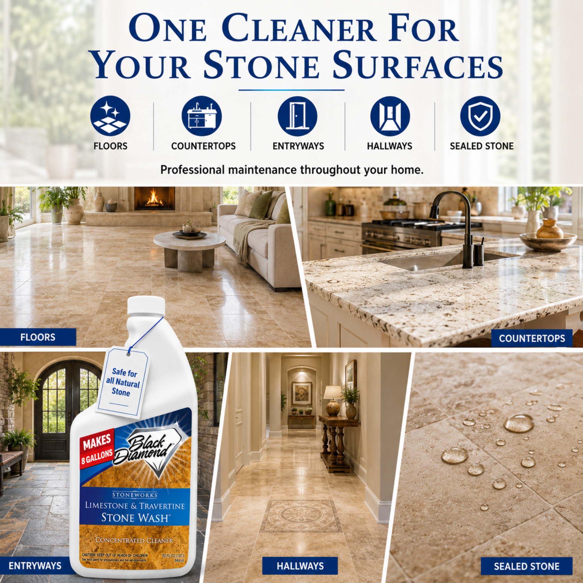 Limestone and Travertine Stonewash works on all areas of your home that have natural stone. 