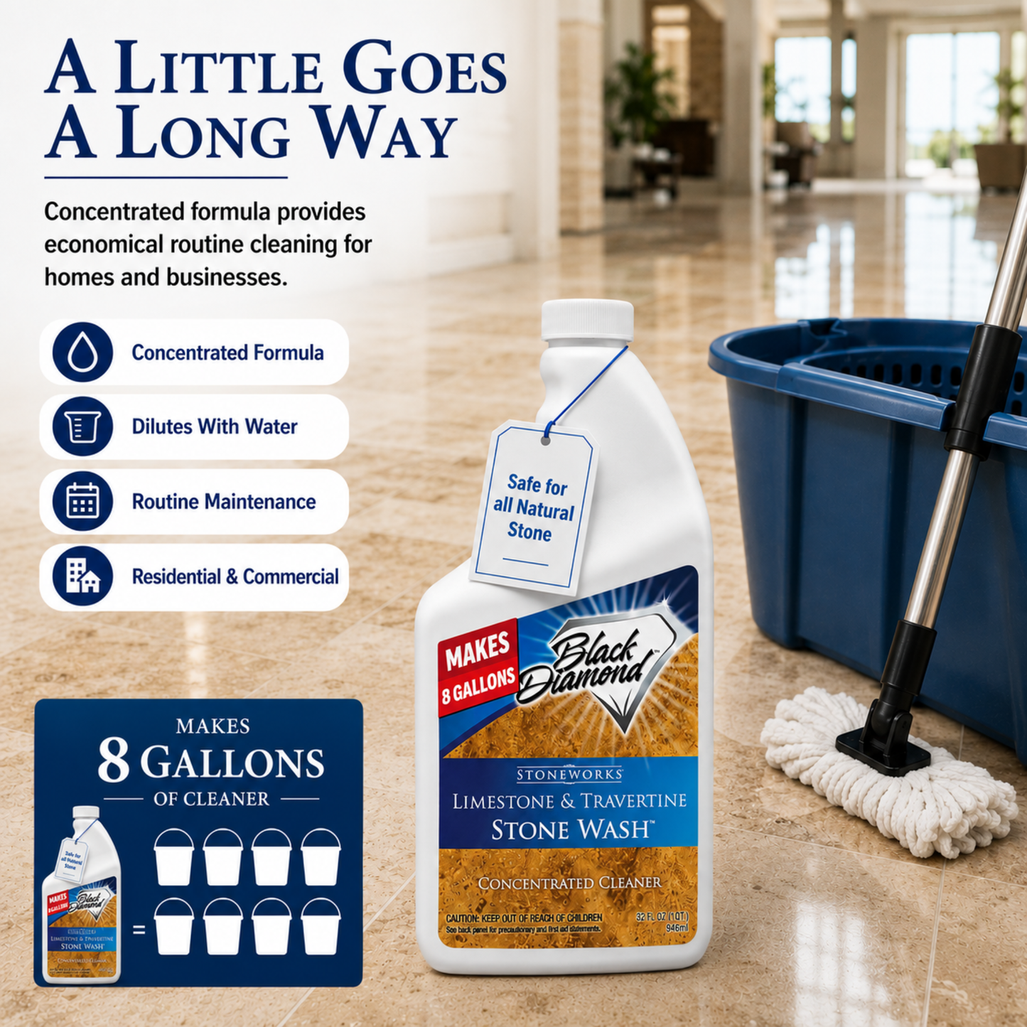 Limestone and Travertine Stonewash is a concentrated cleaner that only requires 2-4 oz per gallon of water, saving you money with every clean. 