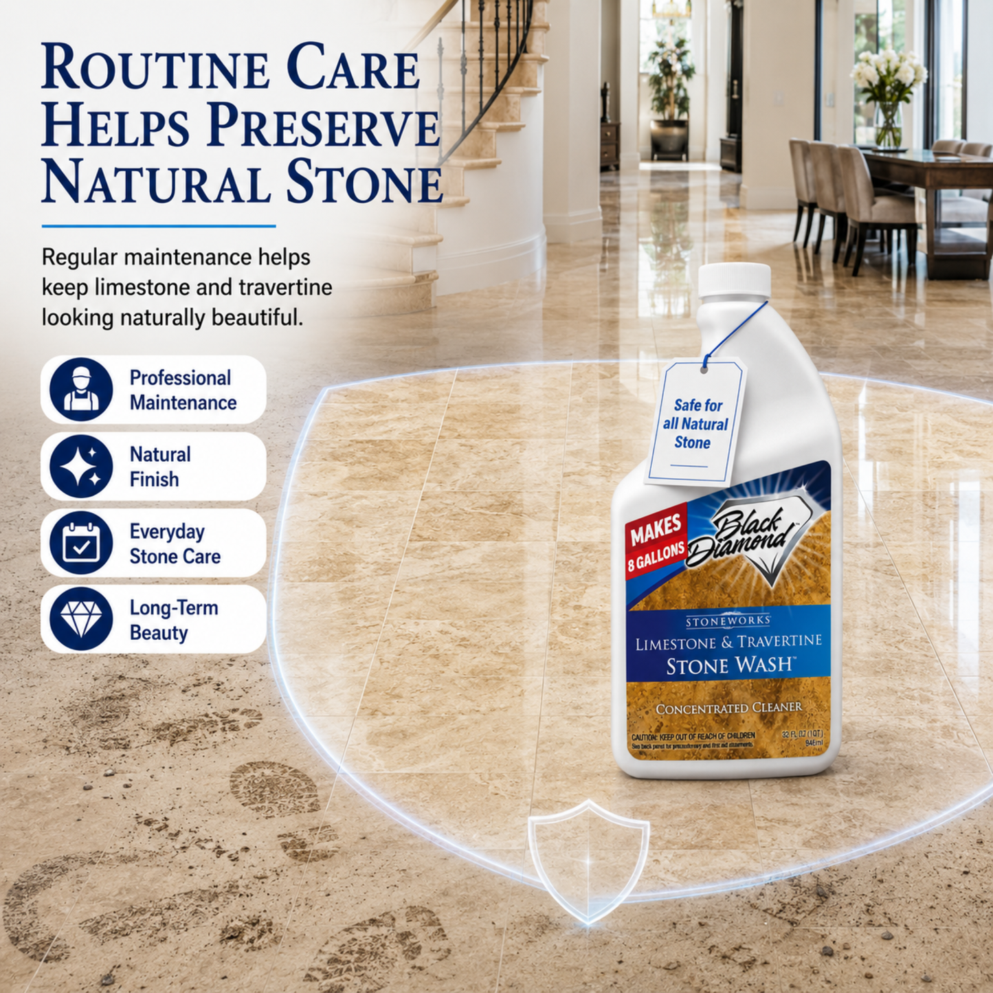 Limestone and Travertine Stonewash concentrate helps preserve natural stone and keeping your stone looking naturally beautiful without every damaging. 