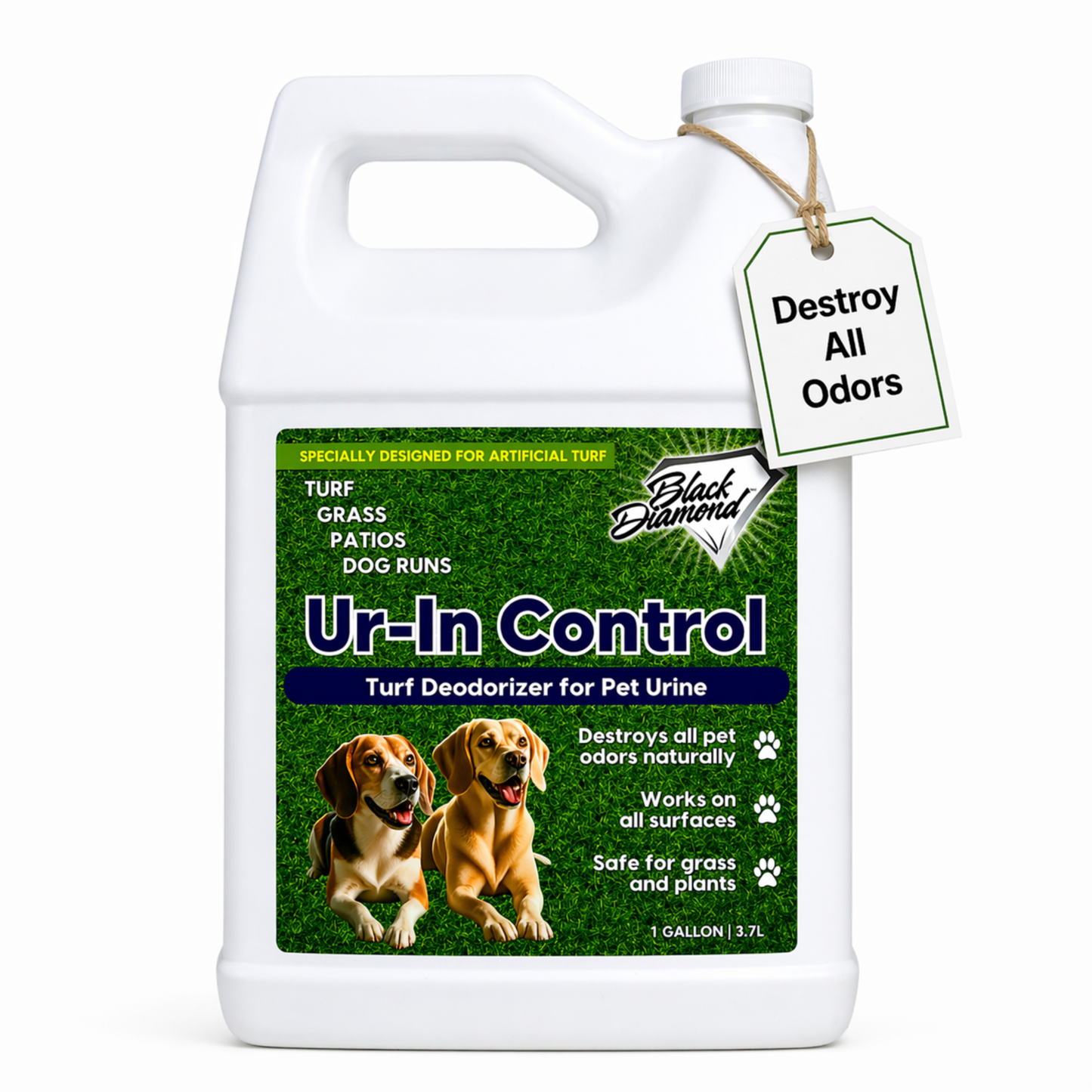 Turf deodorizer for pet urine with two dogs on the label