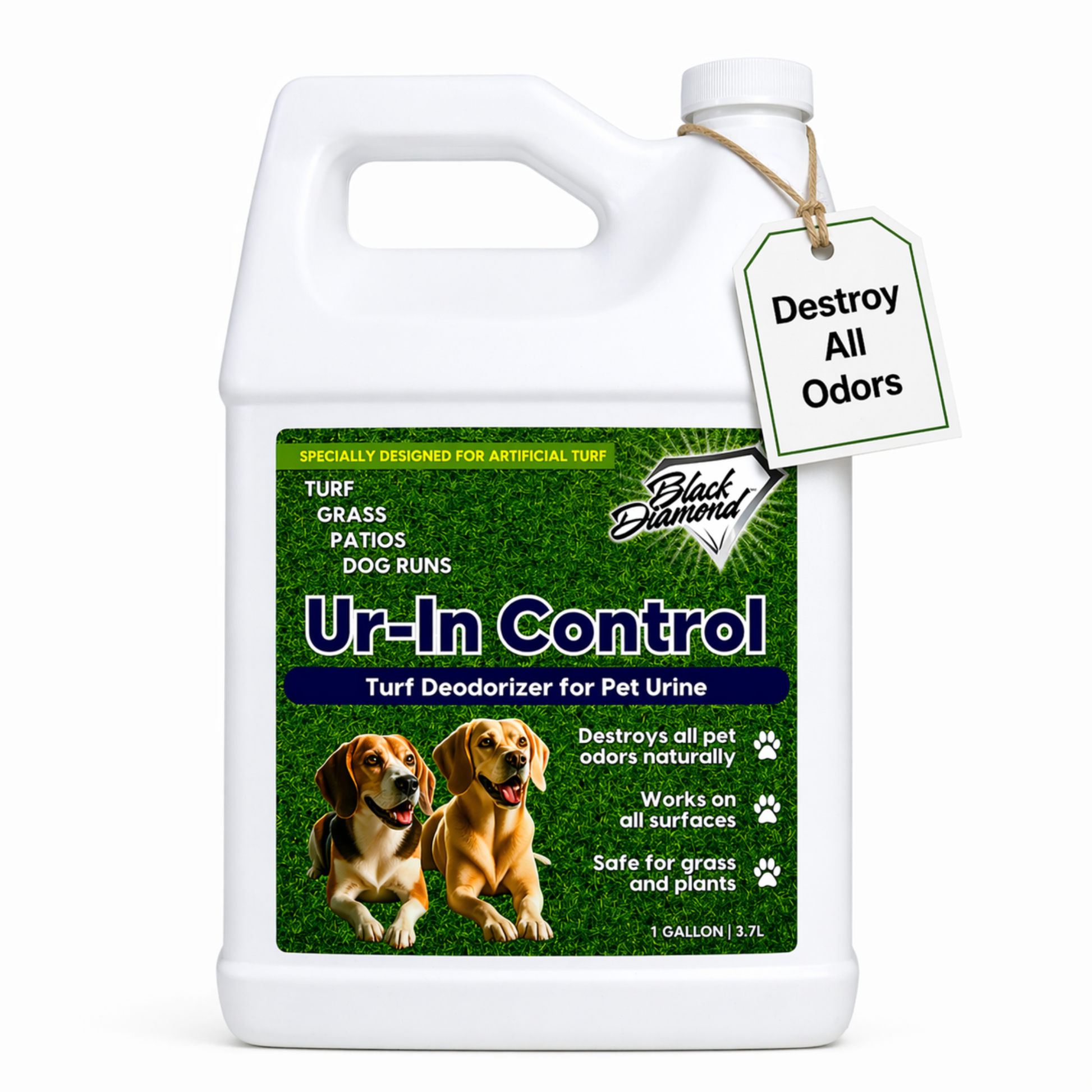 Turf deodorizer for pet urine with two dogs on the label