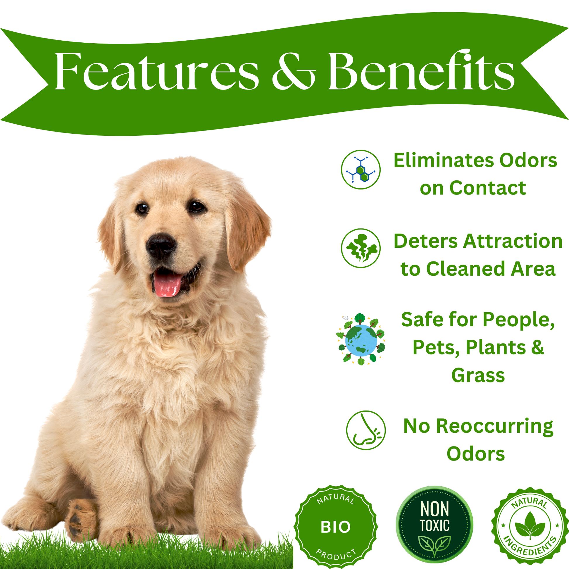 Dog sitting on grass with 'Features & Benefits' text and icons on a white background