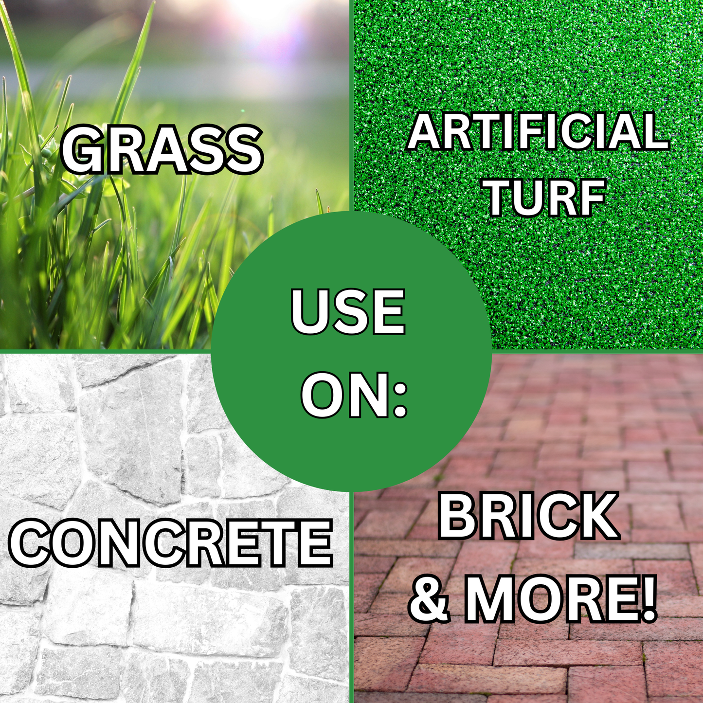 Comparison of grass and artificial turf on concrete and brick surfaces.