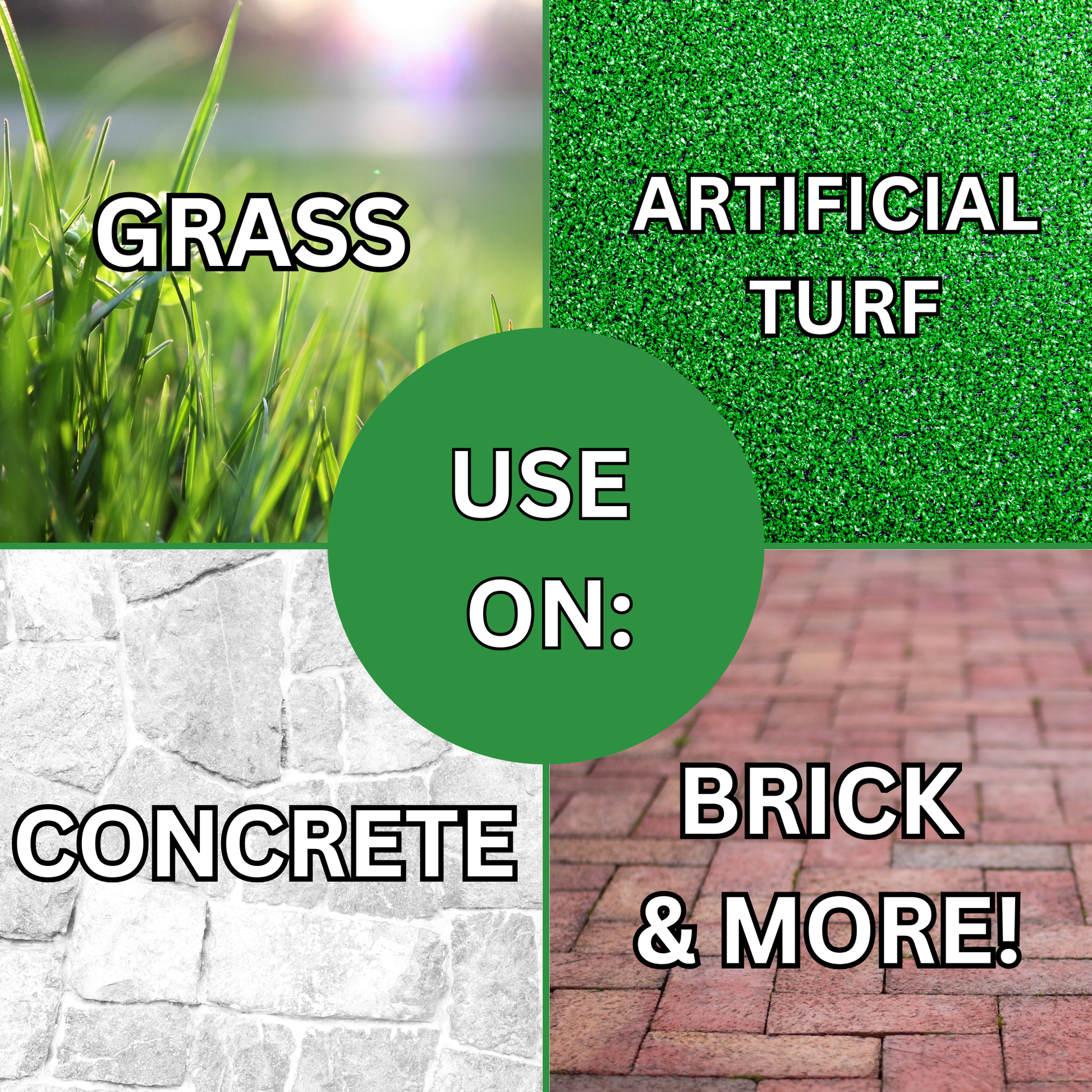 Comparison of grass and artificial turf on concrete and brick surfaces.
