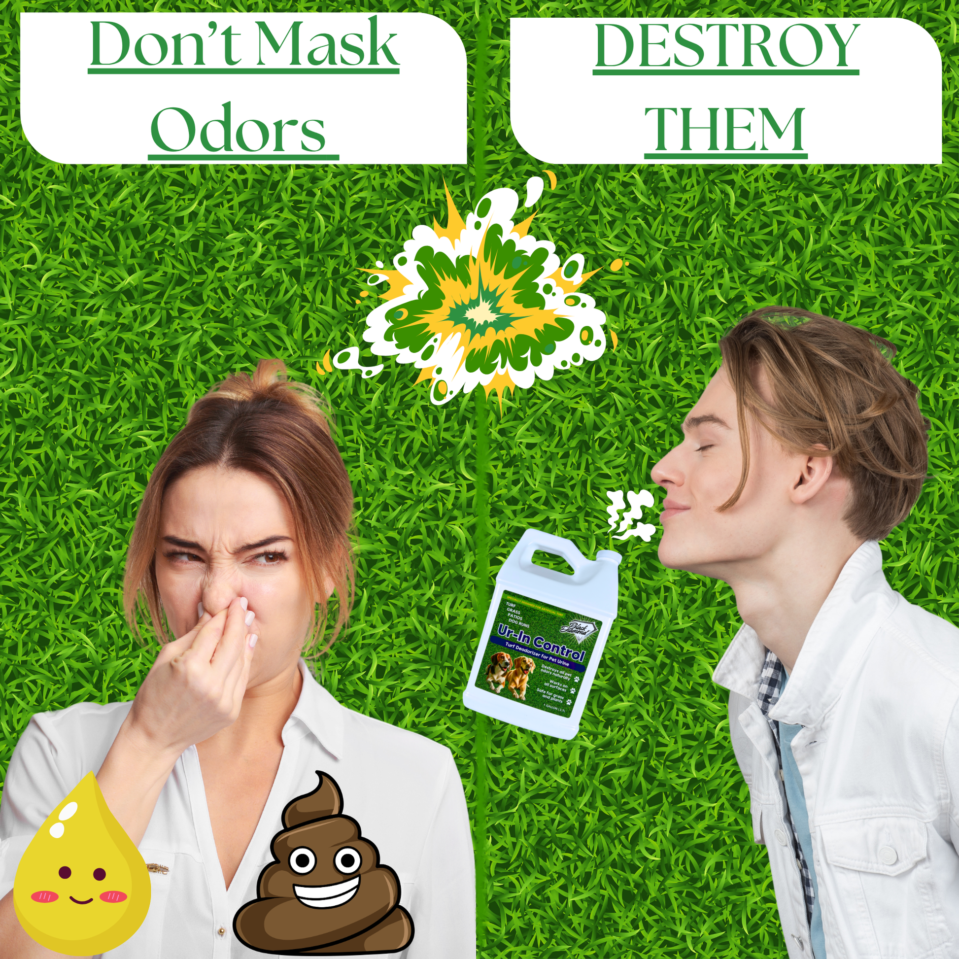 Two people reacting to an odor with a bottle labeled 'Pet Stain Control' on a grass background.