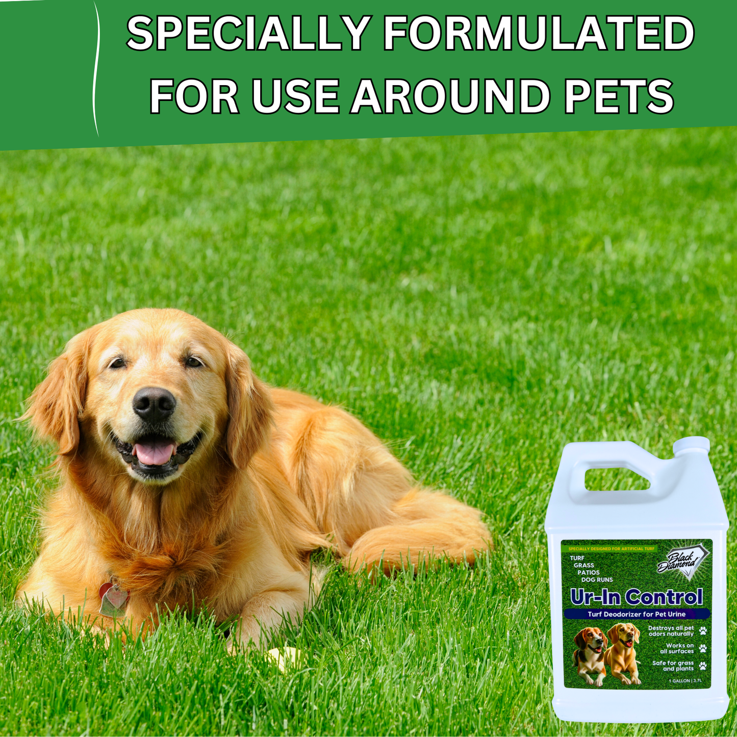 Dog lying on grass next to a bottle of 'Ur-In Control' product with text 'Specially Formulated For Use Around Pets'.